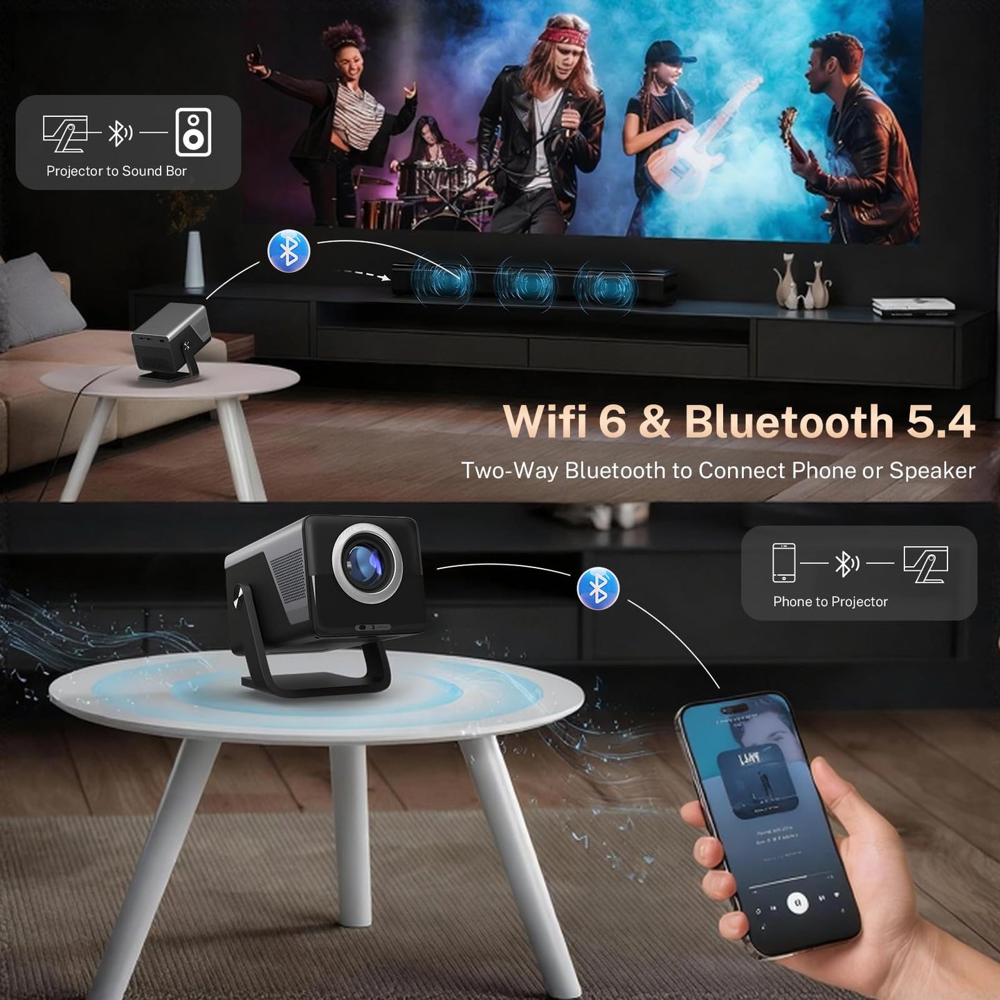 [2000 ANSI/AI Visual Calibration/4K Support] X7 Native 1080P Smart Projector with Android 14 OS, Portable Movie Projector for Bedroom & Outdoor, AI Auto Focus & Keystone Black & Slate Gray Sliver