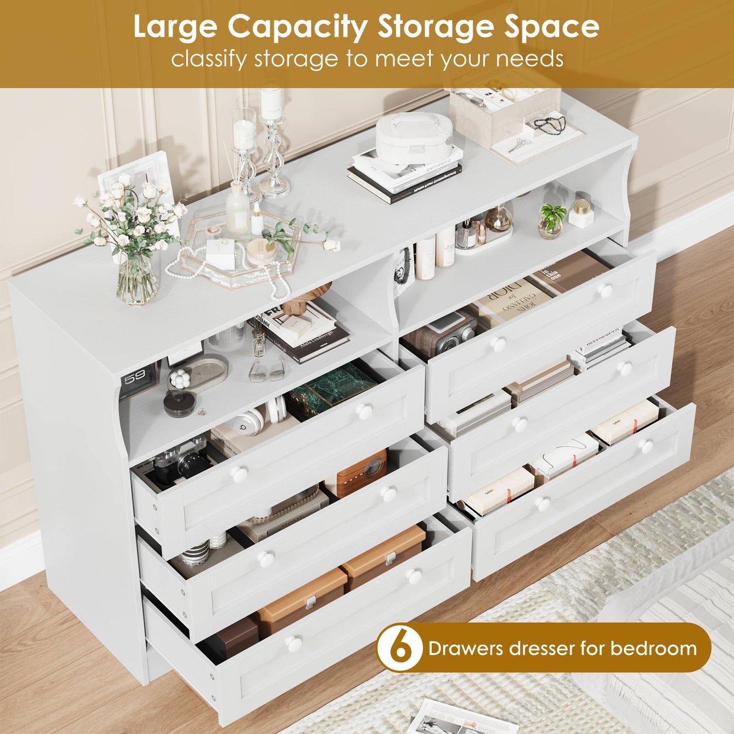 IDEALHOUSE 55" 6-Drawer Dresser for Bedroom – Wood Chest with Charging Station, LED Lights & 2 Storage Compartments, Modern TV Stand for Living Room & Hallway, White
