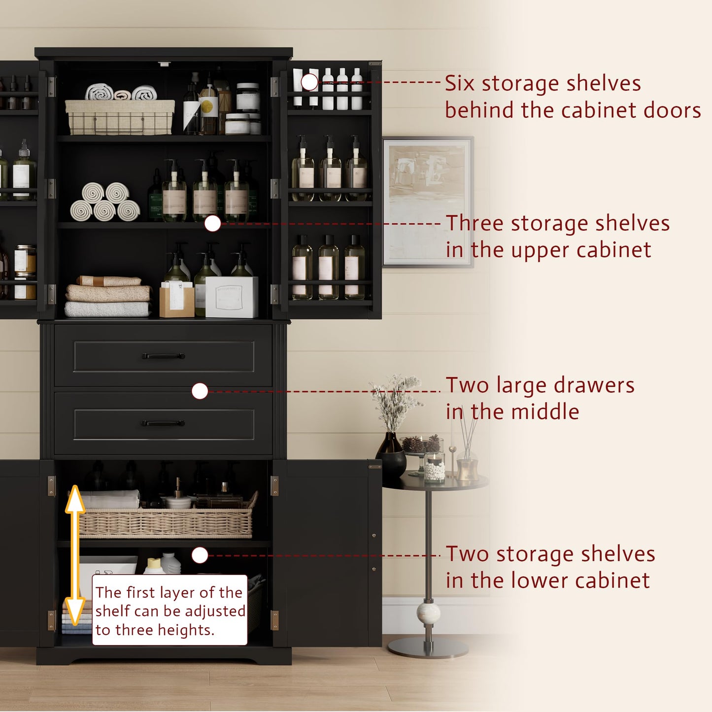 Merax 72.5" Tall Kitchen Pantry Storage Cabinet, Farmhouse Freestanding Large Cupboard with Two Drawers, Bathroom Cabinet with Adjustable Shelves, 6 Door-Shelf for Dining Room, Black