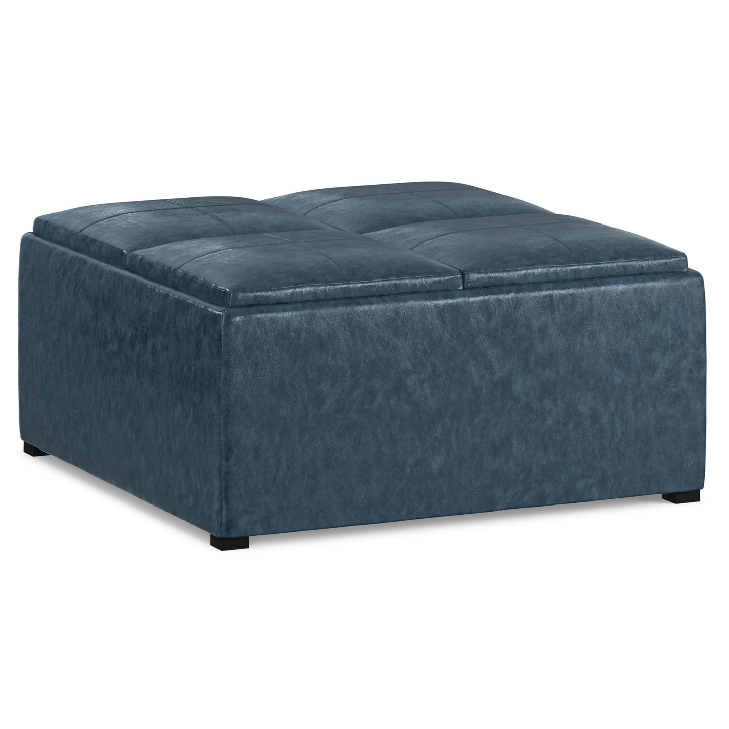SIMPLIHOME Avalon 35 inch Wide Contemporary Square Coffee Table Storage Ottoman in Denim Blue Vegan Faux Leather, Assembled, For the Living Room and Bedroom