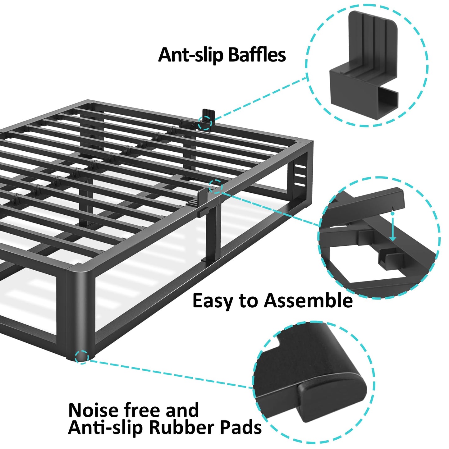 Bilily Metal Heavy Duty 14 inch King Bed Frame with Rounded Corner and Headboard Hole Mattress Retainers 3500 LBS No Box Spring Needed Platform Noise Free Easy Assembly