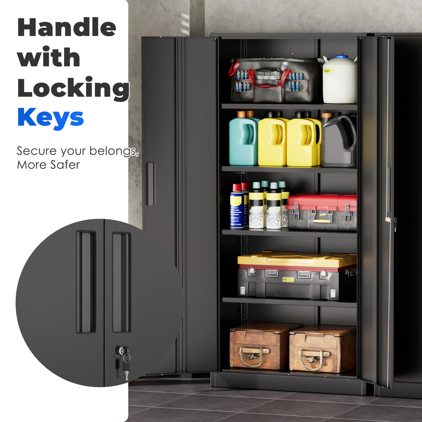 INTERGREAT Garage Storage Cabinet with Doors and Shelves, Metal Storage Cabinets with Lock, Lockable Steel Supply Cabinet for Home Office, Warehouse, Black