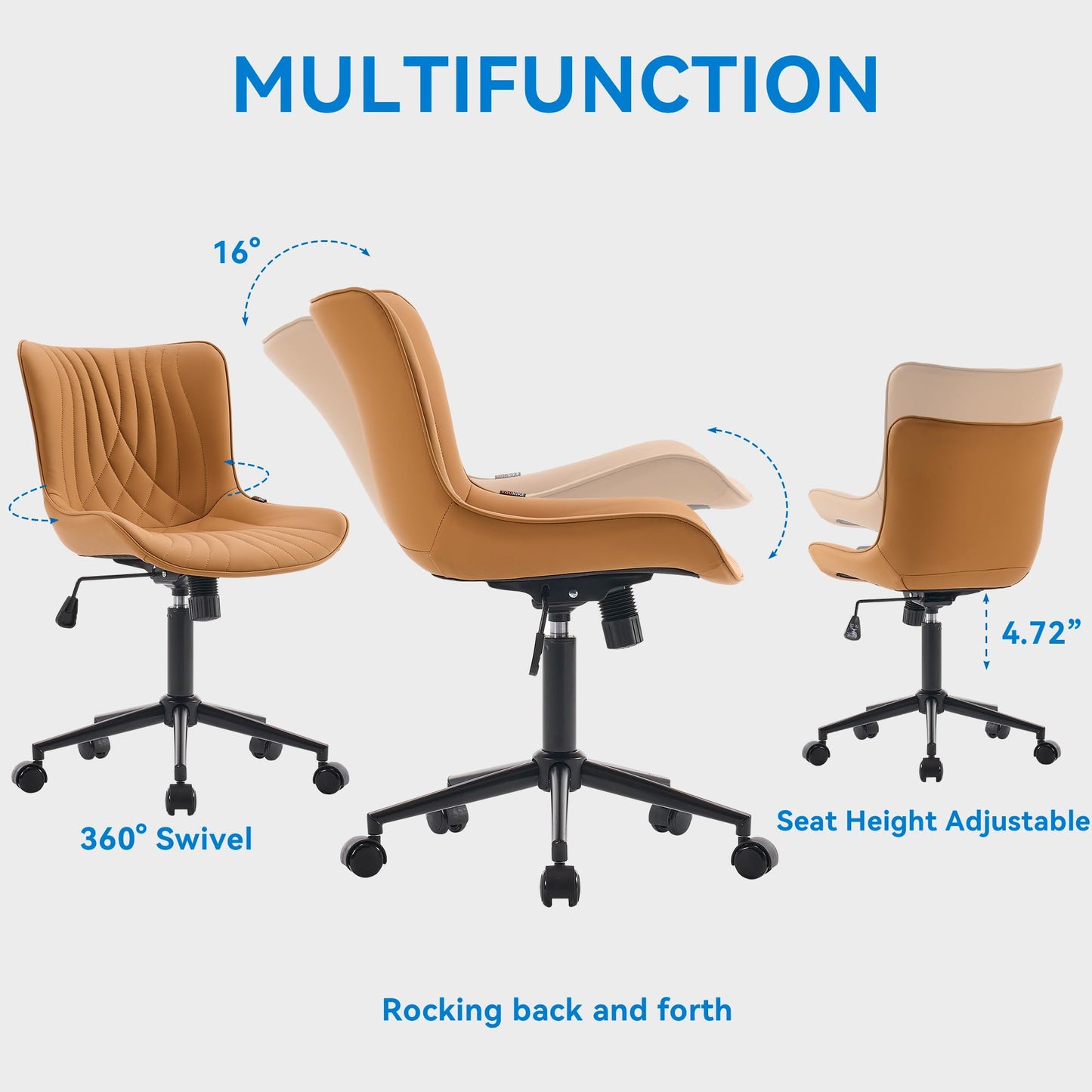 YOUNIKE Office Chair, Armless Desk Chair with Wheels, Adjustable Swivel Home Office Computer Task Chairs, Modern Faux Leather Upholstered Vanity Chair with Back, Saffron Tan