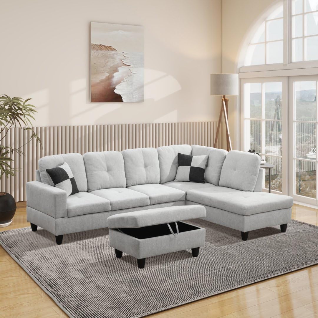 UOCFYK L-Shaped 3-Piece Flannel Sofa with Storage Ottoman Set, Sectional Couch Sofa Set for Living Room, Office, Small Space, Light Grey