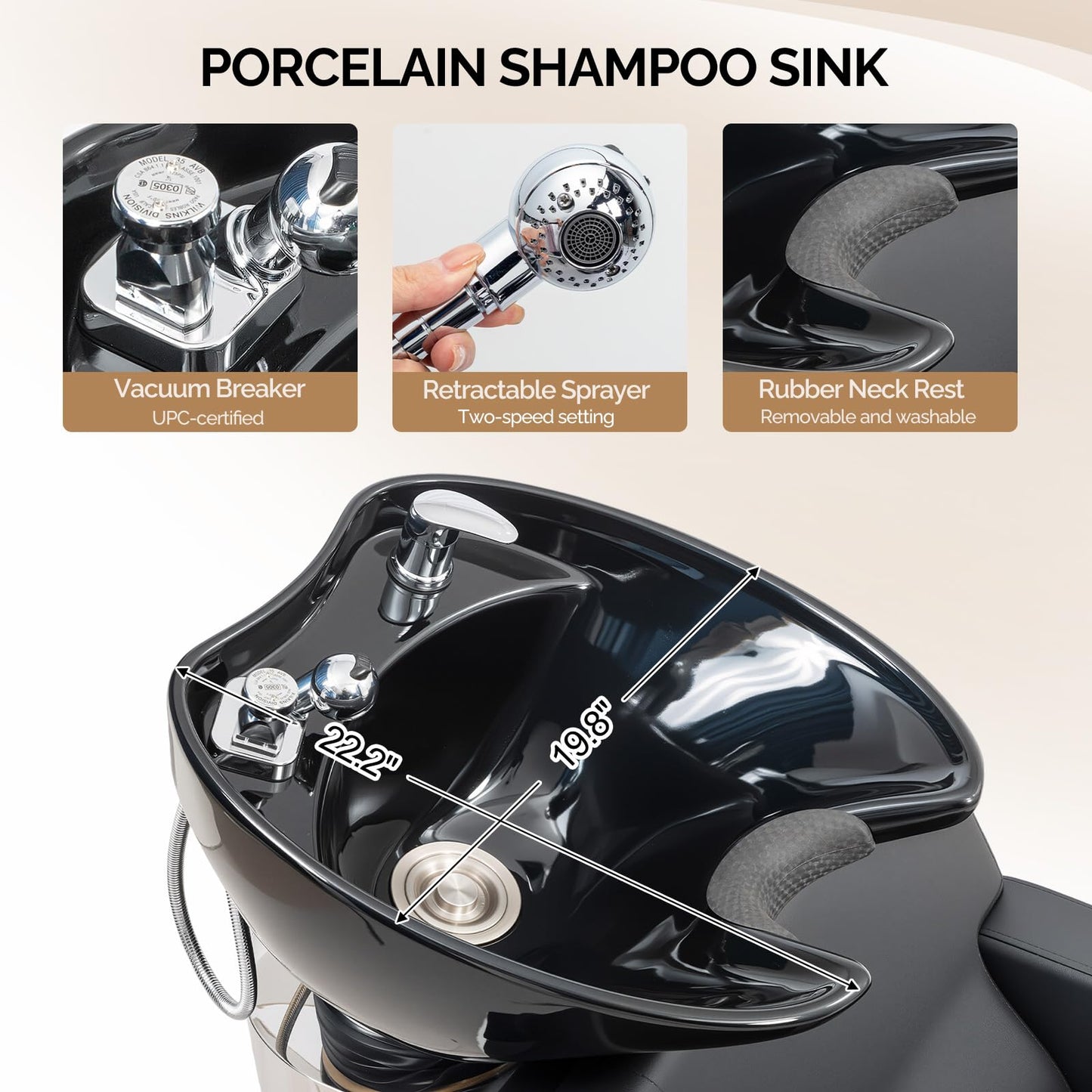OmySalon Shampoo Bowls for Salon, Black Shampoo Chair with Tilting Porcelain Sink, Hair Washing Station Backwash Barber Chair, Shampoo Unit for Beauty Spa Barbershop
