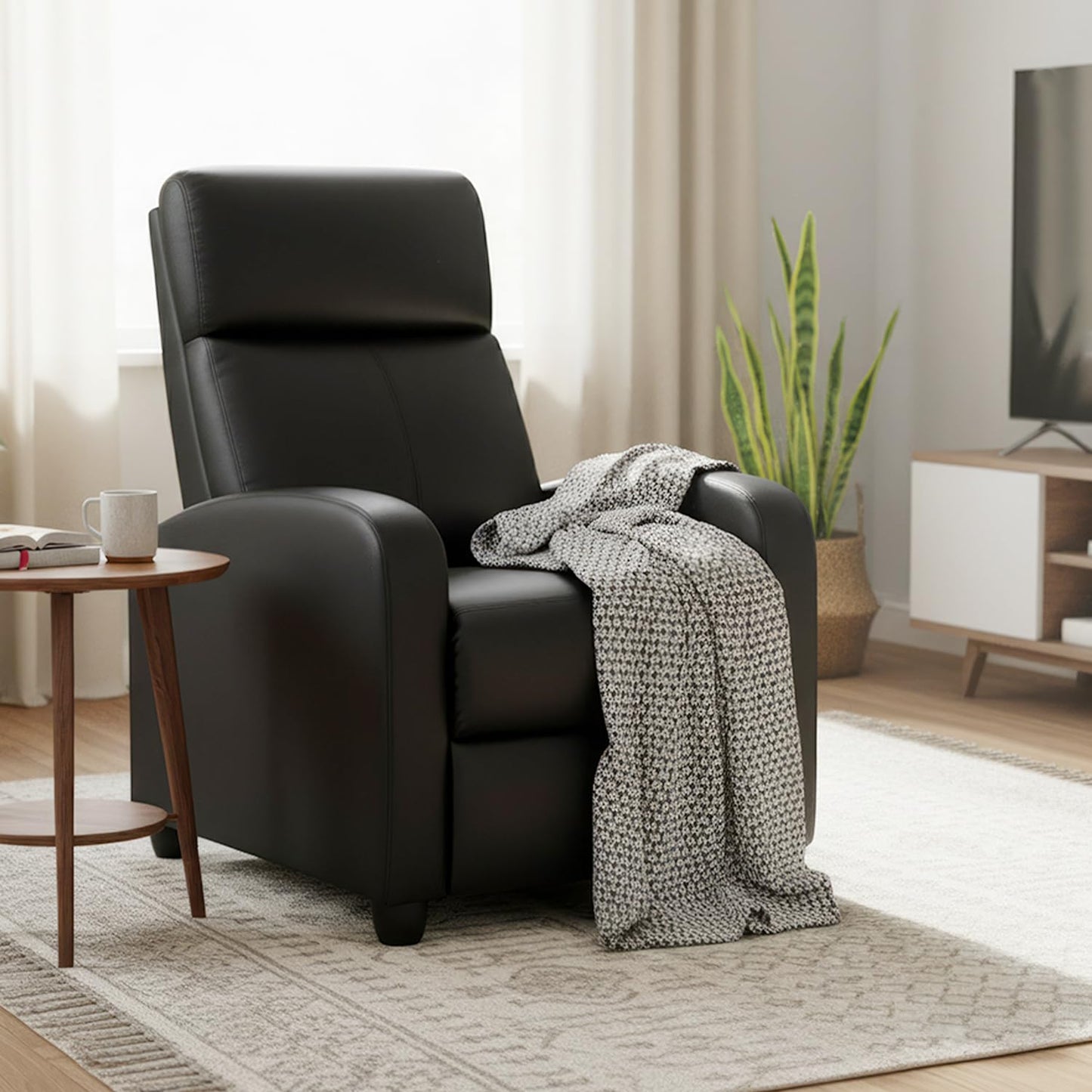 PayLessHere Recliner Chair Single Reclining Sofa Home Theater Seating with Lumbar Support and Padded Backrest for Living Room and Bedroom (Leather, Black-Massage)