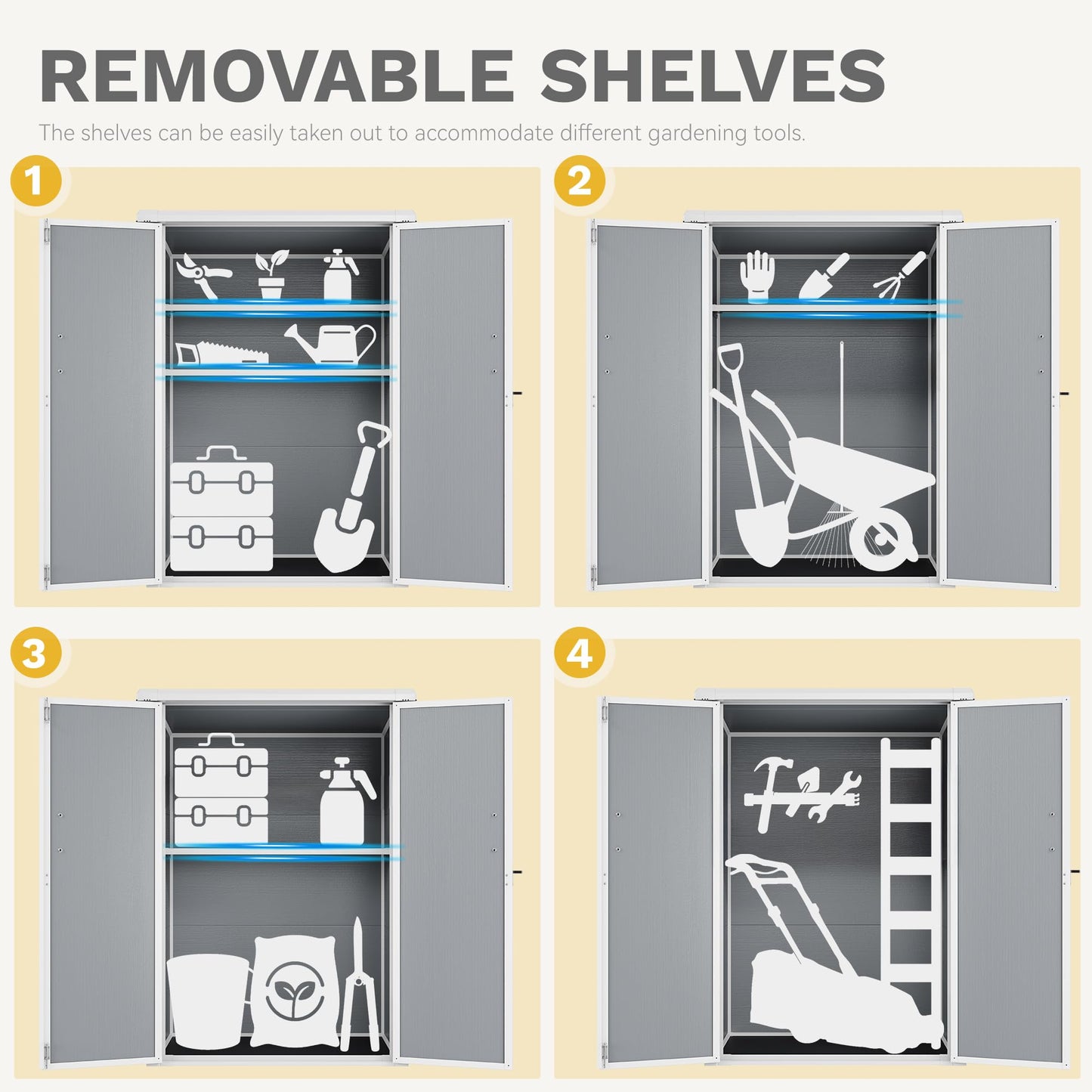 DWVO Outdoor Tall Storage Shed 50 Cuft with 2 Shelves, 4.3x2x5.5ft Vertical Tool Shed with Floor & Lockable Doors, Sturdy Double-Wall Plastic Cabinet for Garbage Cans and Garden Equipment