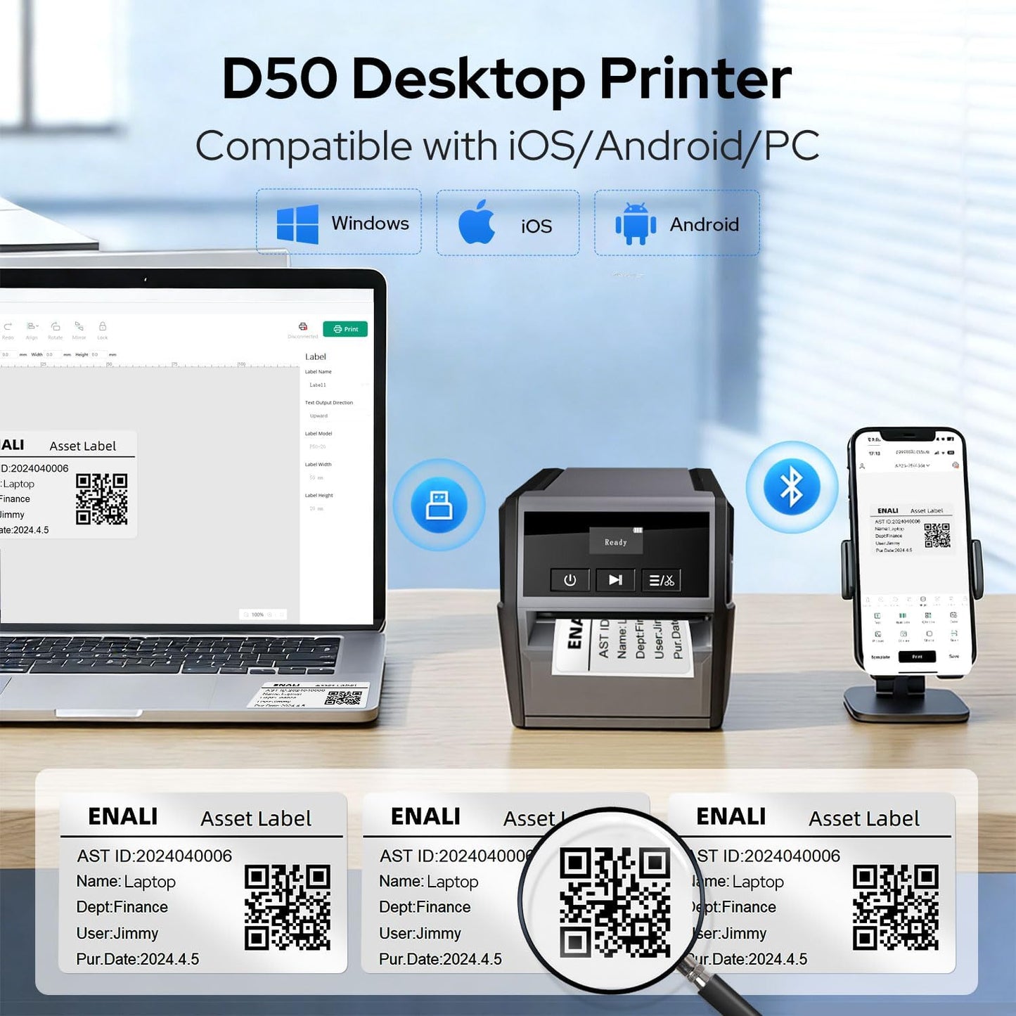 Makeid D50 Industrial Label Printer, Desktop Label Maker 2" Print Head, Mobile APP & PC Editor Compatible, 2600mAh Li-ion Battery, Come with 1.97" W x 26.24ft L Label Heavy-Duty Labeler for Job Sites