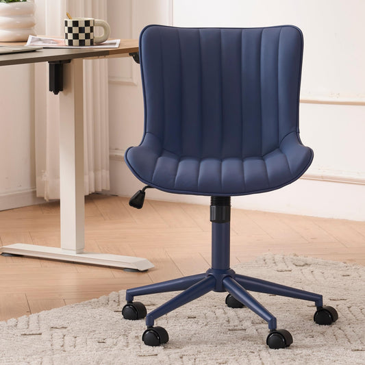 YOUNIKE Office Desk Chair with Wheels Armless Vanity Chair with Back Comfy Leather Upholstered Rolling Task Chair Swivel Small Cute Sewing Chair No Arms Wide Ergonomic Mid-Century Modern Navy Blue