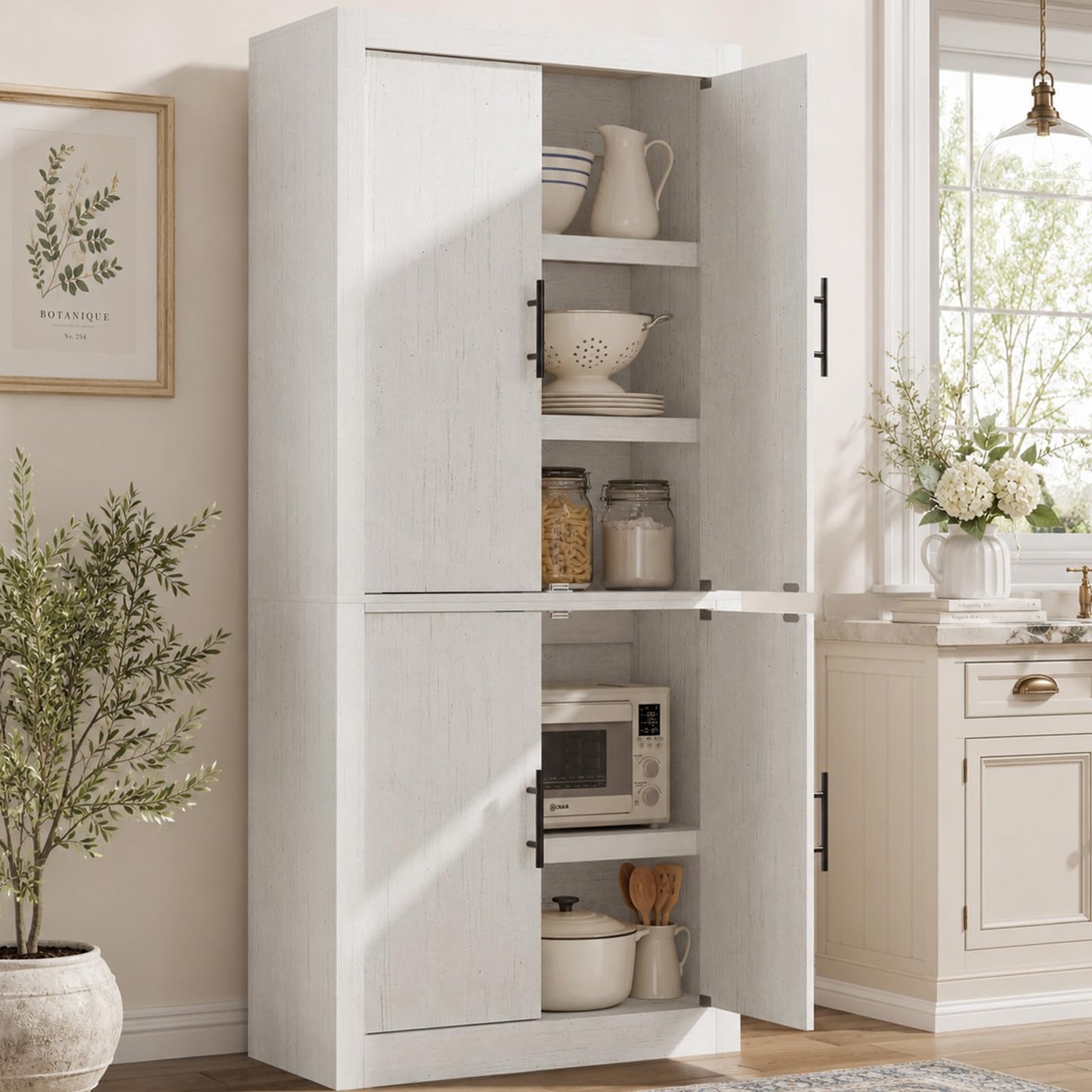 Garvee 70.4" Farmhouse Kitchen Pantry Cabinet with Doors and Adjustable Shelves, Avoids Dust, Tall Freestanding Storage Cabinet for Kitchen, Microwave Stand & Dining Room Organization, Rustic White