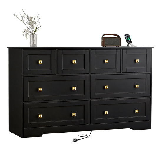 AXCIGOC 8 Drawer Dresser for Bedroom with Power Outlets Wide Chest of Drawers with Smooth Guide Rail Modern Wooden Dressers with Metal Handle Large Dresser Bedroom Living Room Hallway Closet Black