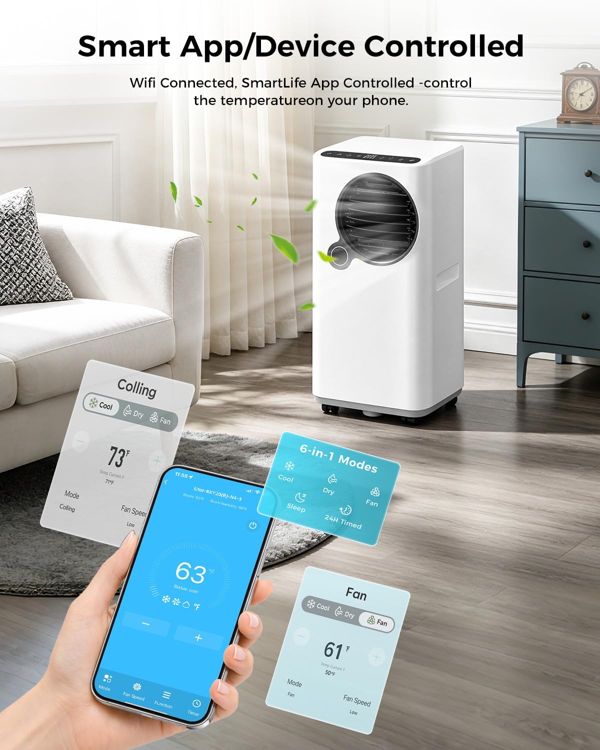 Portable Air Conditioners 16000 BTU 6-in-1 Smart AC Unit with WiFi App for Large Rooms up to 750 Sq. Ft., Quiet 45dB Sleep Mode 24H, Child Lock, Dehumidifier Fan, Perfect for Bedroom Home Office