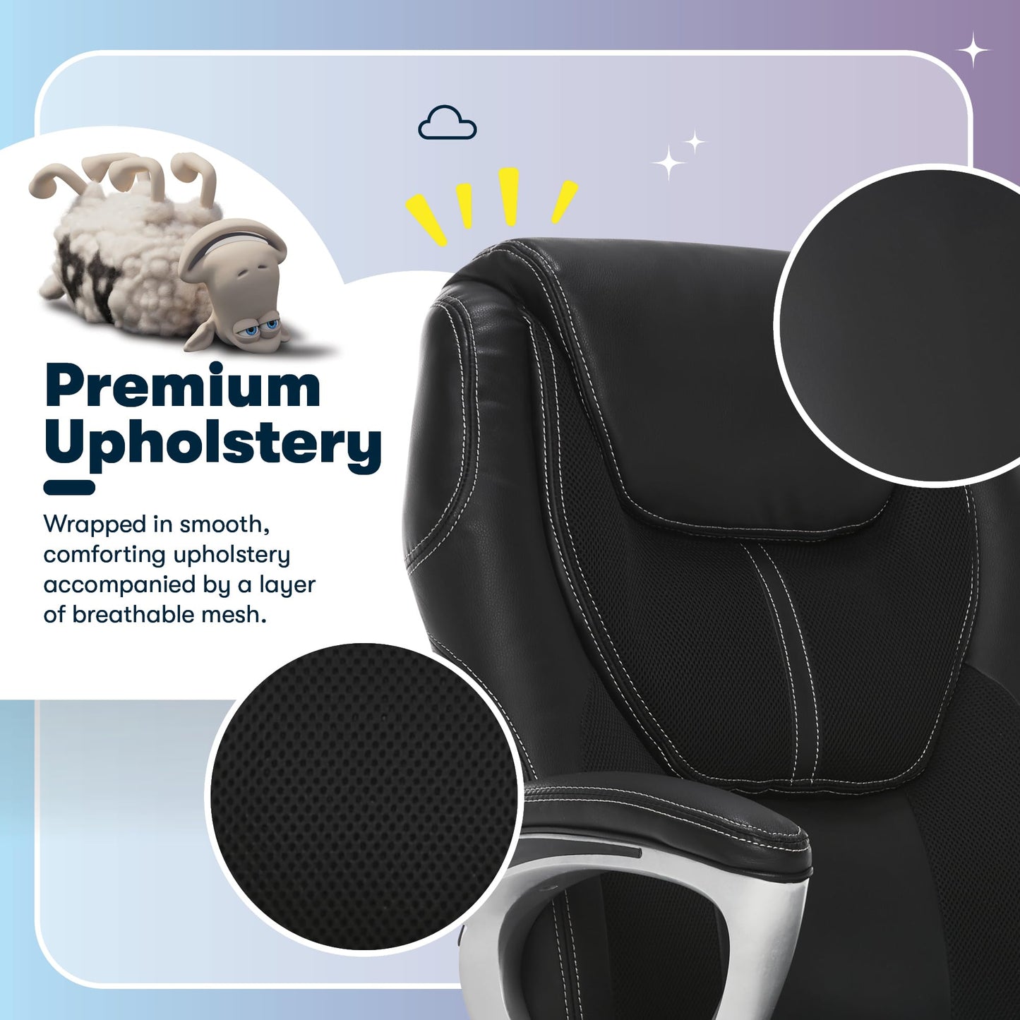 Serta Amplify Executive Office Chair with Faux Leather and Mesh, Adjustable Ergonomic Comfy Seat with Lumbar Support, Modern Computer DeskChairs, Swivel Rolling Wheels, Black