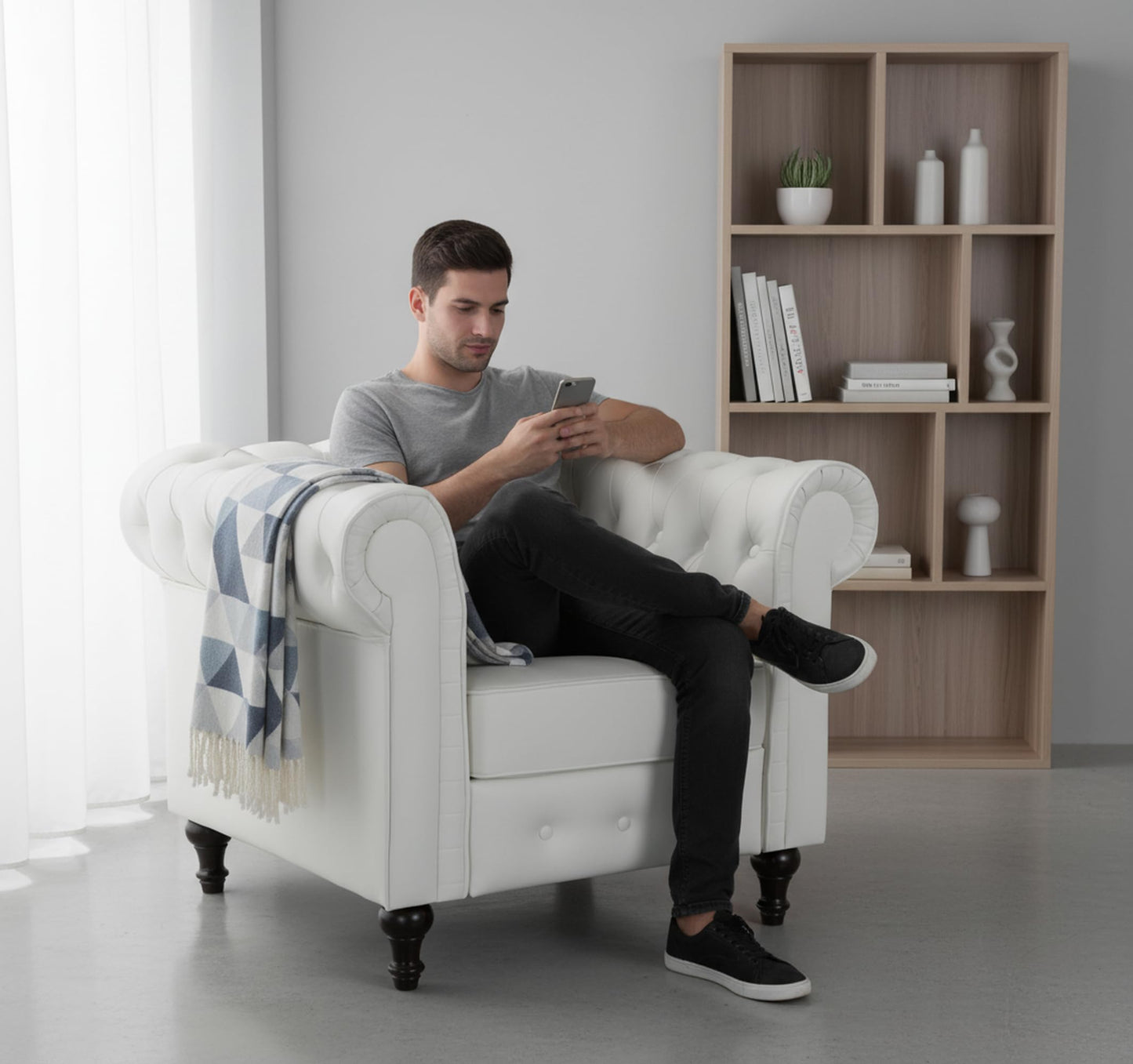 Container Furniture Velora Faux Leather Chesterfield Sofa for Living Room, Apartment or Office, Mid Century Modern Arm Chair for Small Spaces, 40" W, White