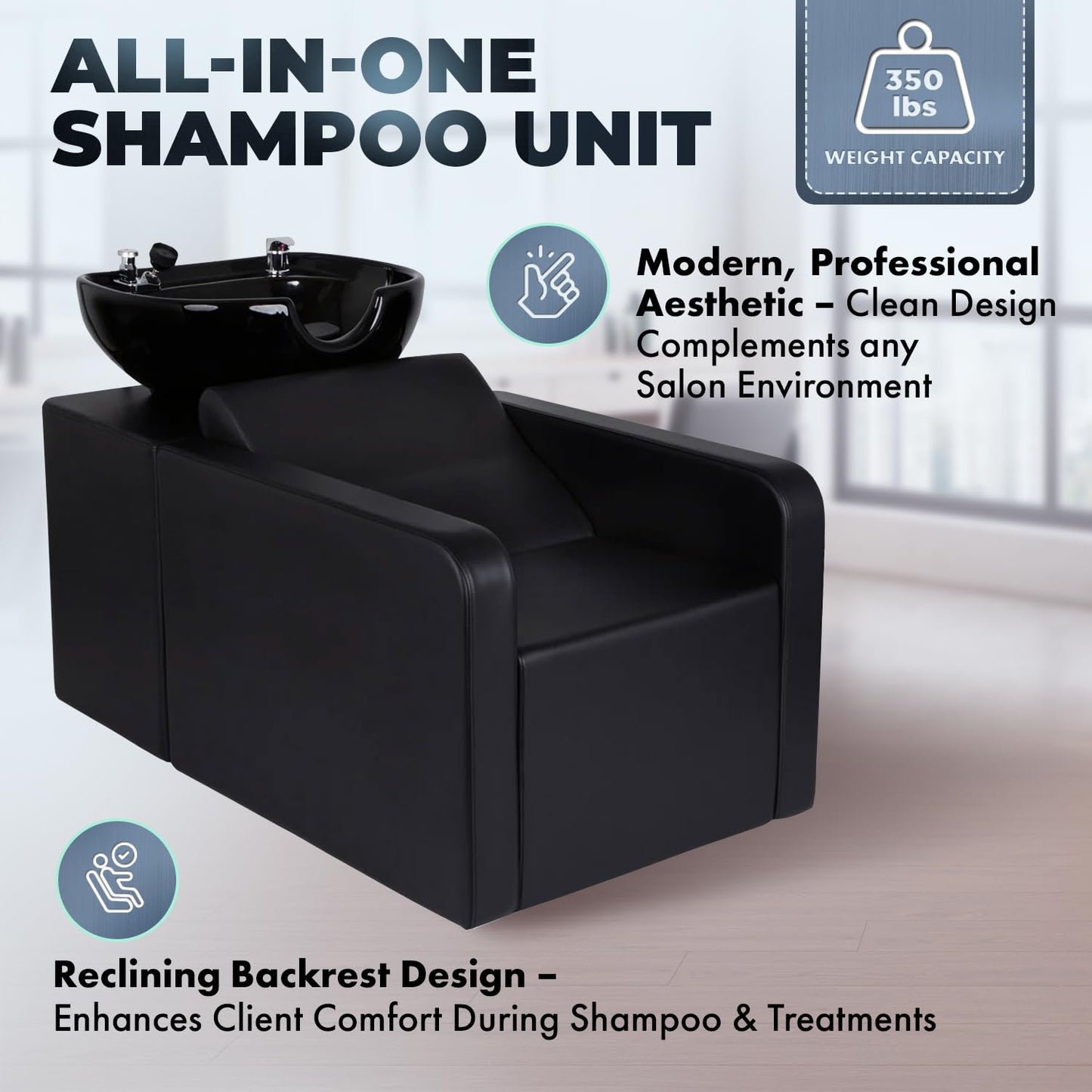 Buy-Rite Nova All-in-One Shampoo Backwash Unit for Professional Salons, Reclining Backrest, Integrated Shampoo Bowl, Easy to Clean, NIN-F-8811C-BLK-BW (Black Shampoo Bowl)