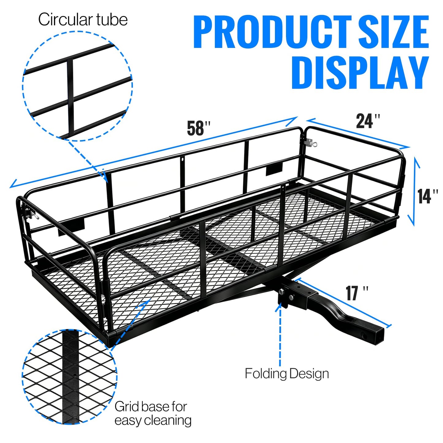 LWTURMRT Trail Hitch Mount Cargo Carrier Basket 58" x 24" x 14" Folding Vehicle Cargo Baskets Fits 2" Receiver with 2" Hitch Stabilizer for SUV can Holder 500LBS (14" high Black+Bag)