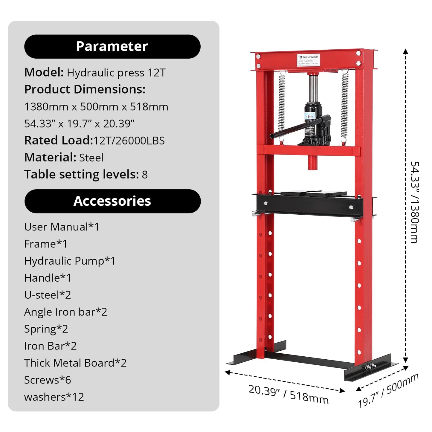 12T Hydraulic Press, Heavy Duty H-Frame Garage Floor Hydraulic Shop Press with 2 Press Plates, Adjustable Working Table Height, for Auto Repair, Red