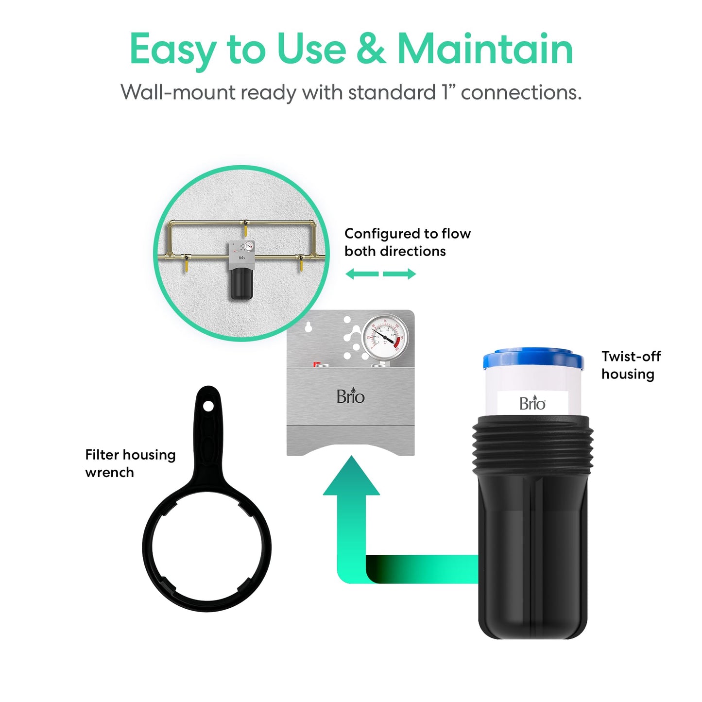 Brio Whole House Water Filter System for Heavy Metal Reduction w/Gauge & Fast-Flow GAC + KDF Filter 4.5" x 10" | Improves Taste & Protects Home Appliances | 720 GPH | 50,000 Gallons or 6 Months