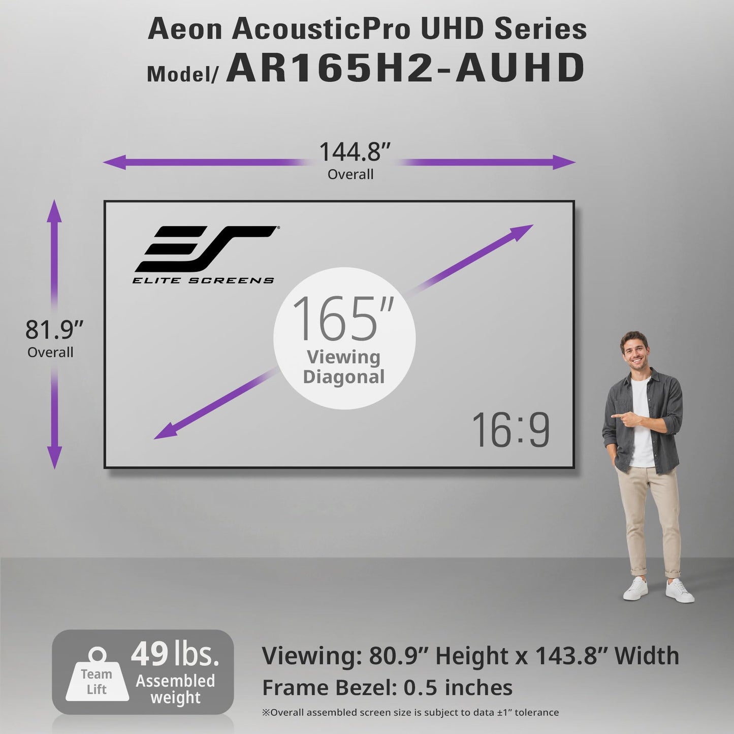 Elite Screens Aeon AcousticPro UHD 165-INCH Diag. 16:9, 4K Home Theater Fixed Frame Edge Free Projection Sound Transparent Perforated Weave Projection Screen, AR165H2-AUHD