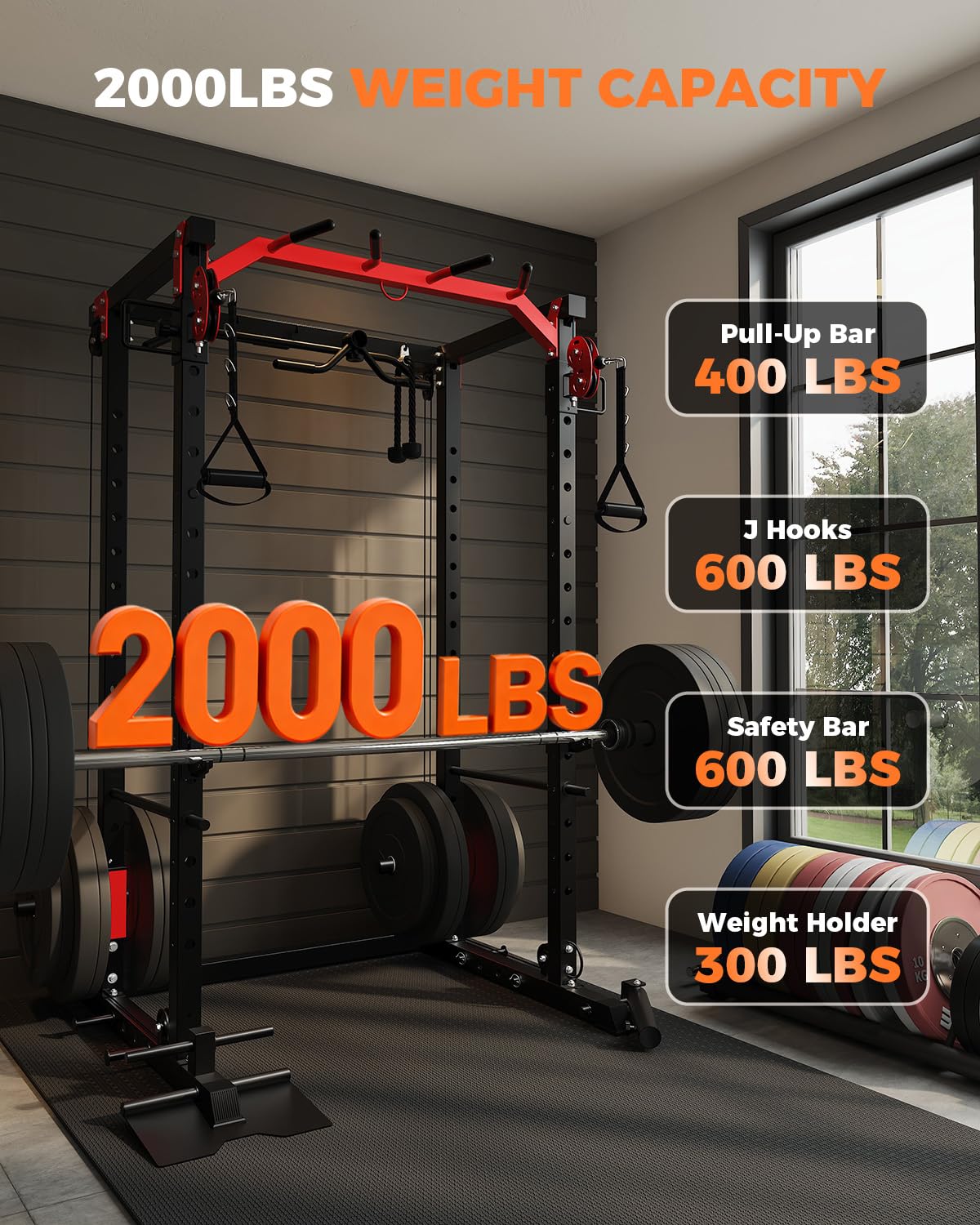 Power Cage for Home Gym, 2000LBS Power Rack with Cable Crossover and Dual Independent Pulley System, Squat Rack with LAT Pull Down System, Workout Cage for for Full Body Training