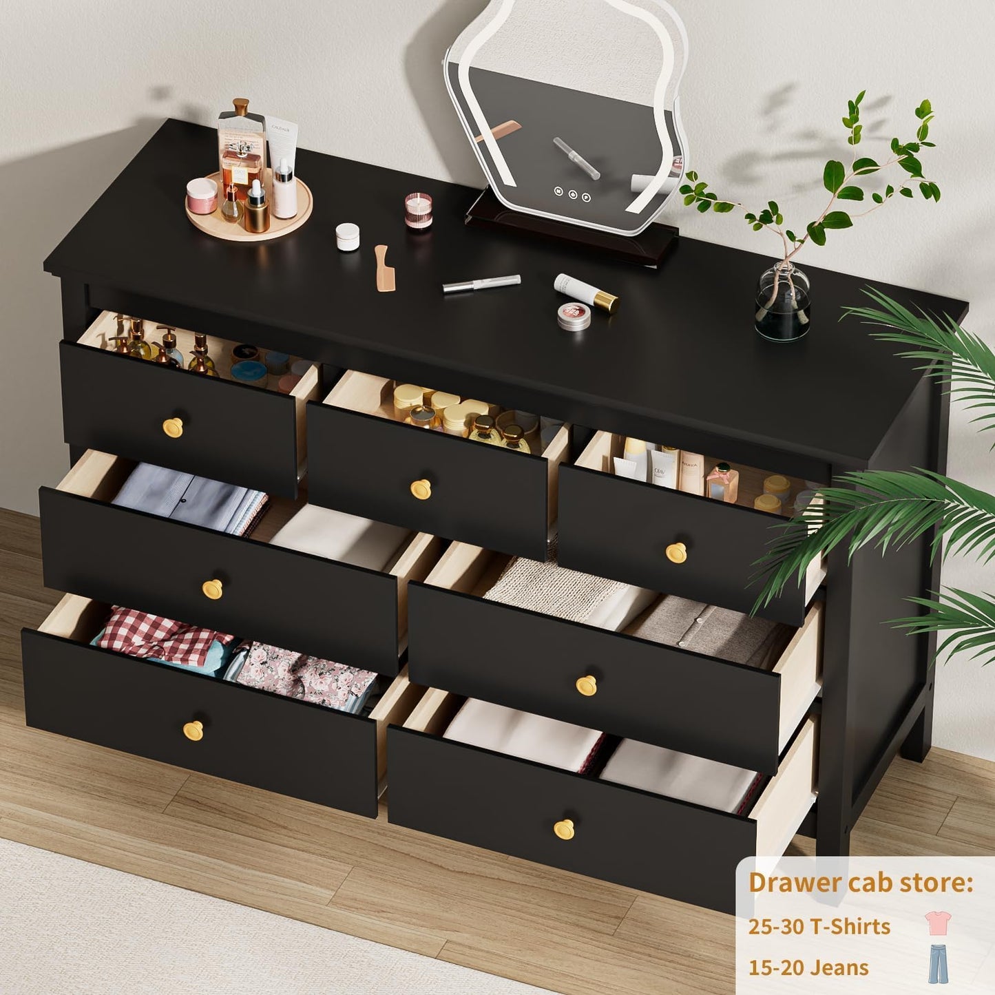 CARPETNAL 7 Drawers Dresser for Bedroom, Black Dressers & Chests of Drawers with Gold Handles and 7 Large Drawer, Modern Wooden Storage Organizer Cabinet for Hallyway, Entryway