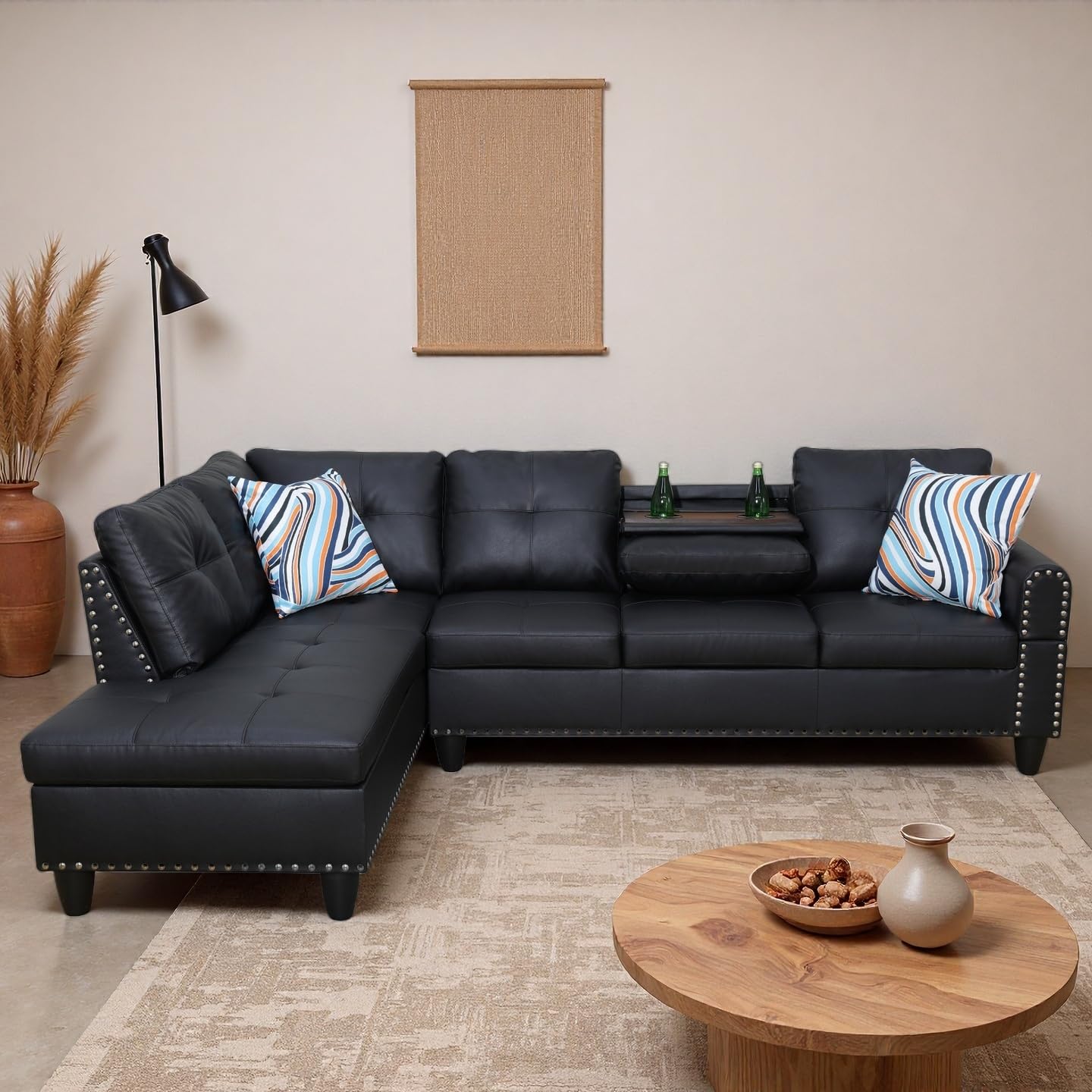 Trygoal Modern L-Shaped Leather Sectional Couch with Cup Holders, Modular Sectional Sofa for Living Room, 3 Person Faux Leather Couch Includes Chaise Lounge, Black