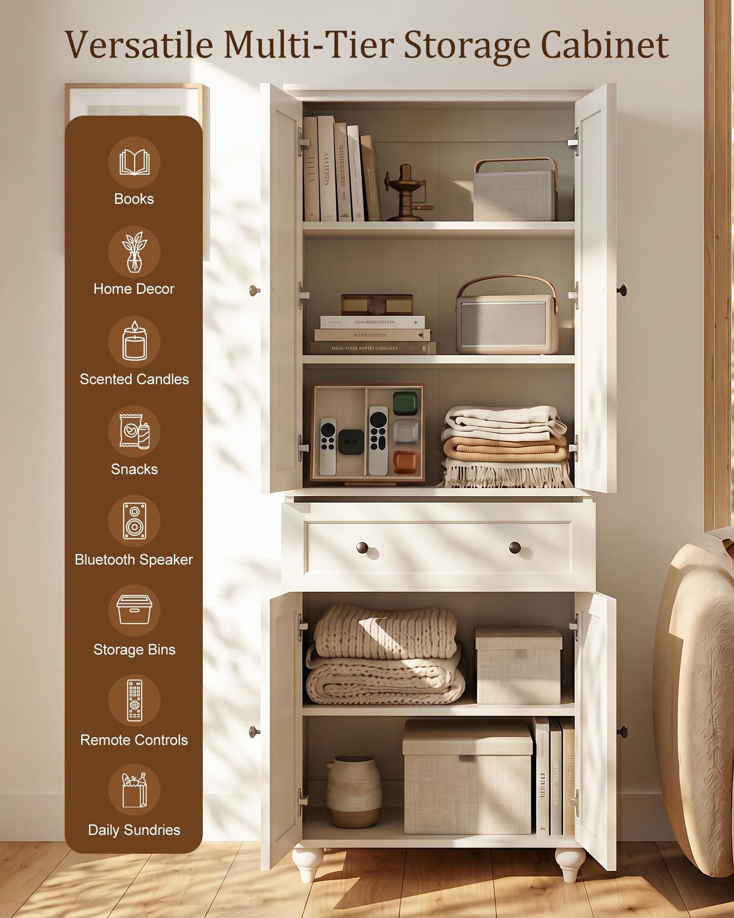 Foxemart 80" Tall Storage Cabinet with Louvered Doors and Adjustable Shelves, Farmhouse Kitchen Pantry Cabinet, Freestanding Storage for Dining Room, Living Room, Home Office, Bathroom, Rustic White