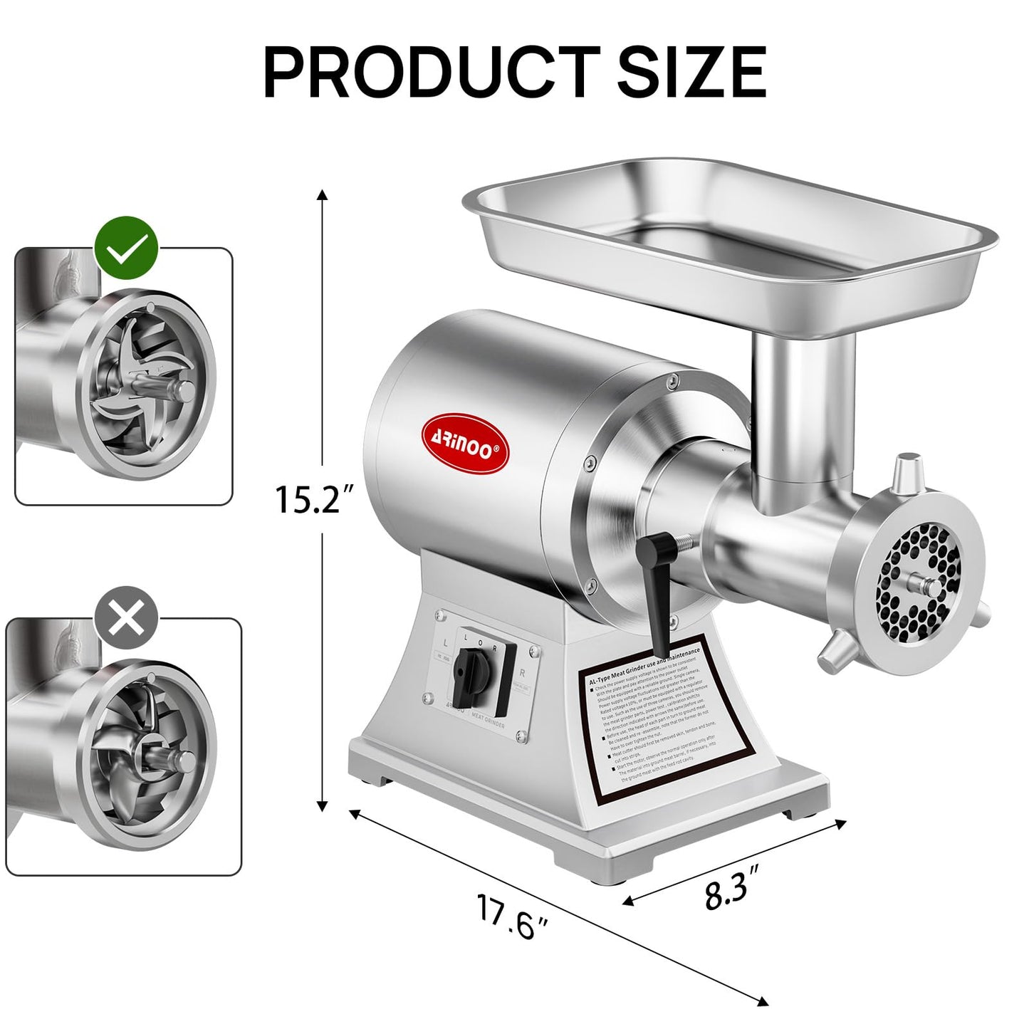 ARINOO Commercial Meat Grinder #22C, 1.0HP Heavy Duty Stainless Steel Industrial Meat Mincer w/2 Blades & Meat Pusher,Electric Meat Grinders for large batches home butchering, or small farm processing