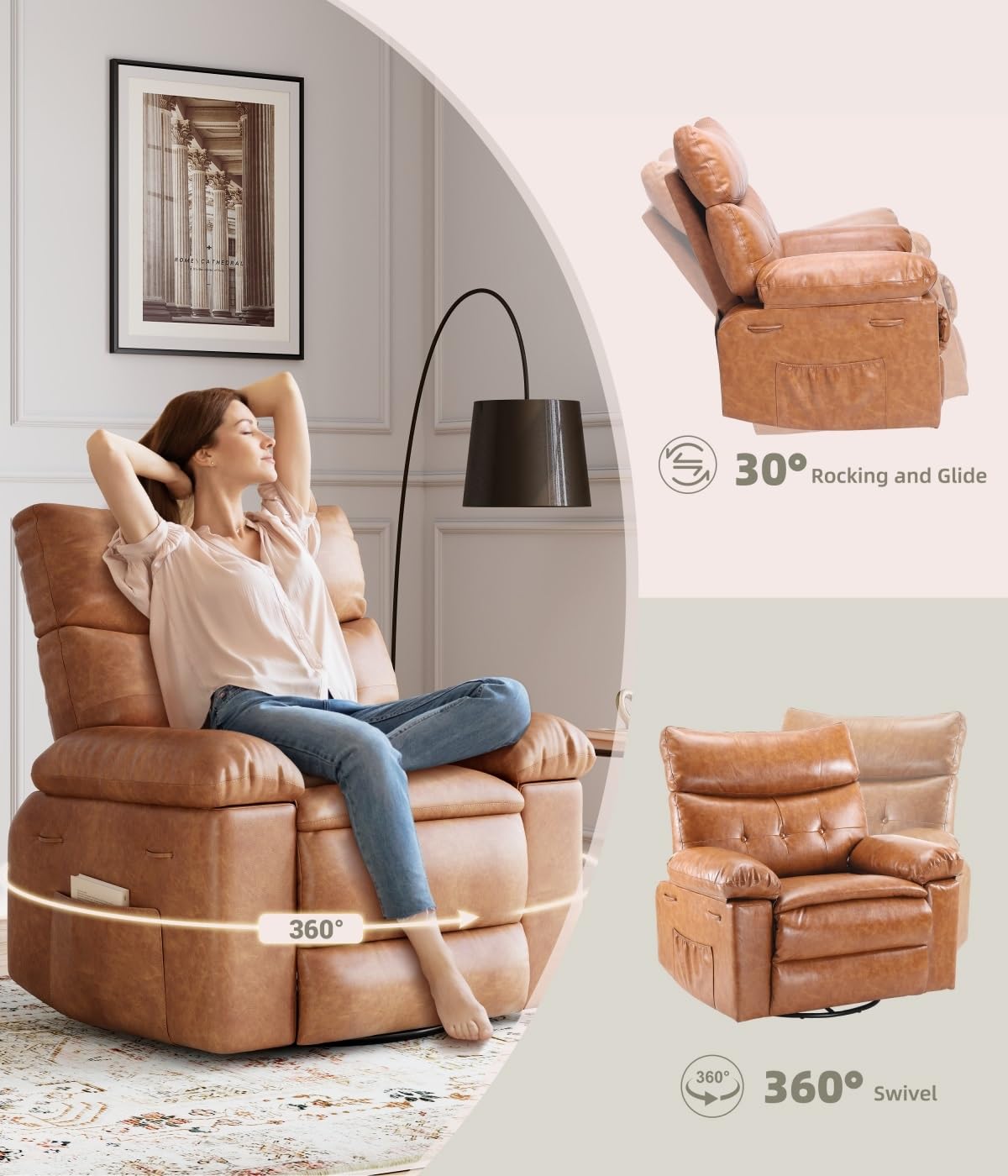 GarveeHome Oversized Recliner Chairs with Heat and Massage - 360° Swivel Lazy Boy Recliner Chair for Adults- Manual Rocking Chair with Remote Control for Living Rooms, Bedrooms and Nurseries - Coffee