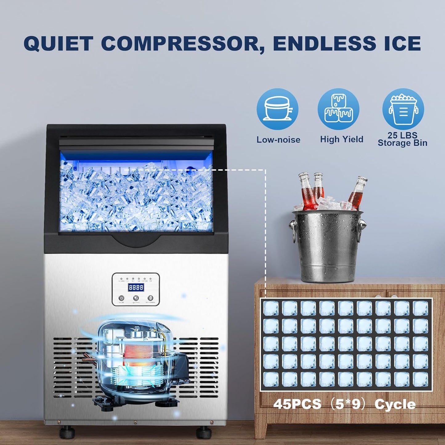 Zomagas Ice Maker,110LBS/24H Commercial Ice Machine Stainless Steel Ice Maker Machine with 25LBS Capacity,45 Ice Cubes in 12-15 Minutes,Self-Cleaning,Ideal for Restaurant,Bars,Home,Includes Scoop