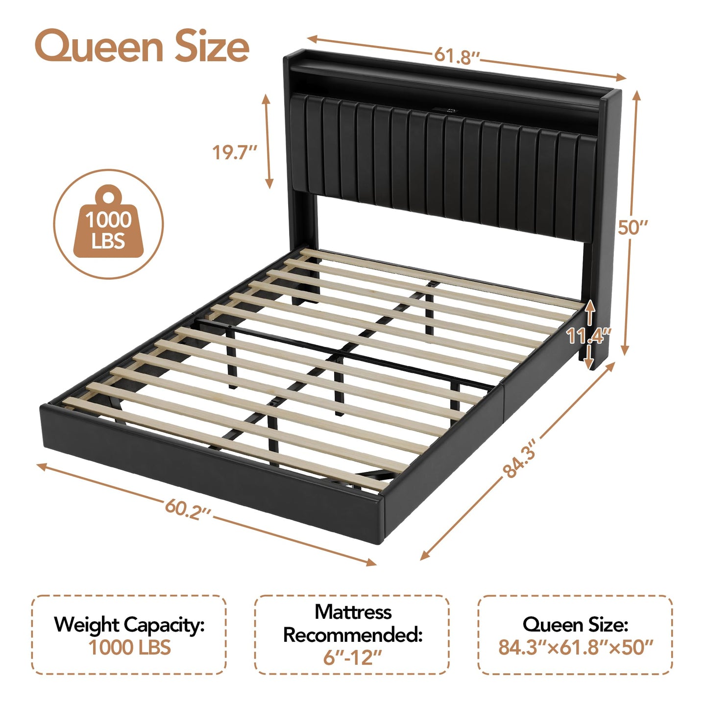 Queen Floating Bed Frame with LED Lights & Charging Station, Upholstered Leather Platform Bed Frame with Headboard, 50" Tall Floating Bed with Stable Structure, No Box Spring Needed,Black