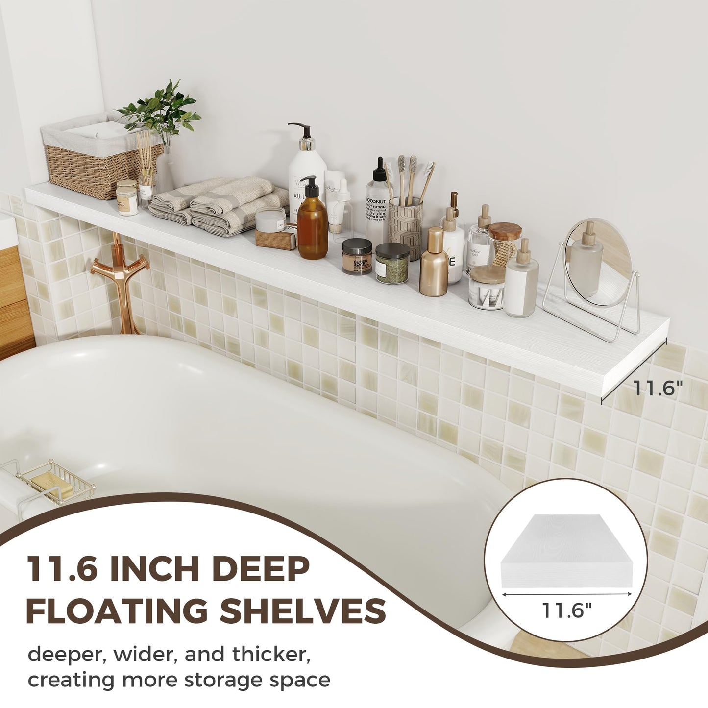 Fun Memories White Deep Floating Shelves, 72 x 12 Inch Long Wall Shelves, Large Display Shelf & Storage Shelf, Wood Floating Wall Shelves for Fireplace Mantel, Living Room, Home Office - Set of 2