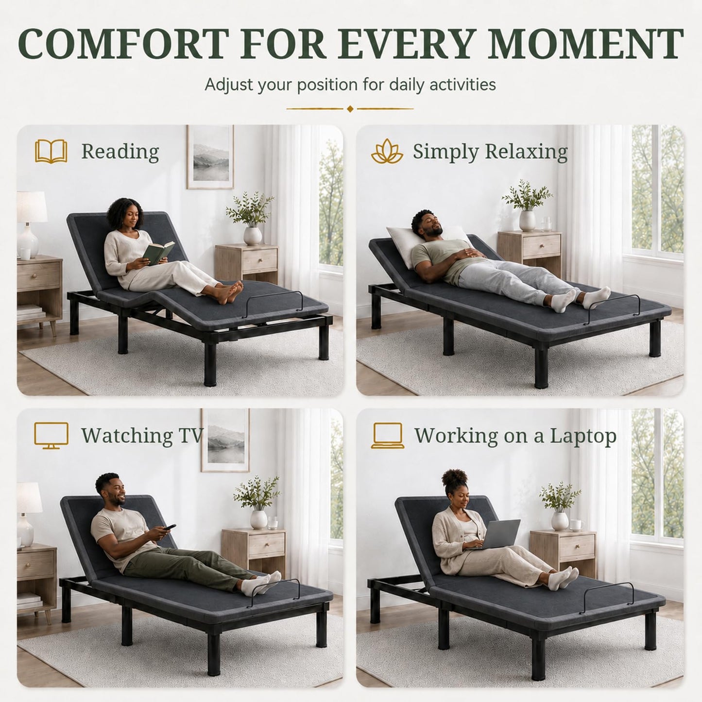 Queen Adjustable Bed Frame, Ergonomic Adjustable Bed Base with Wireless Remote and USB Ports, Independent Head and Foot Incline, Zero Gravity,Under-Bed Nightlight