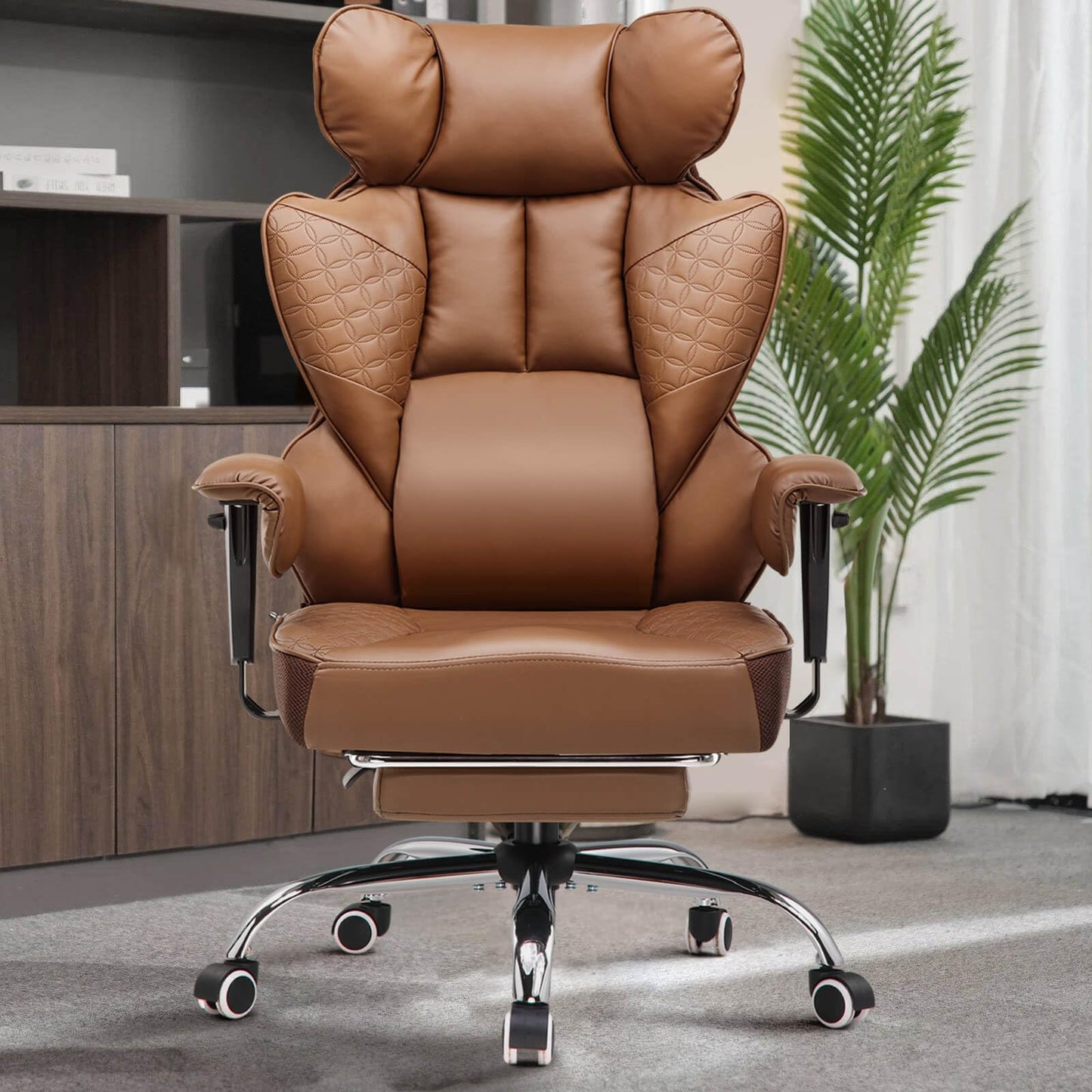 GTPLAYER Big and Tall Gaming Chair 400lbs Heavy Duty Office Chair with Foot Rest & Ergonomic Pocket Spring Lumbar Support, High Back 3D Saddle Shaped Cushion for Back Pain Relief, Brown
