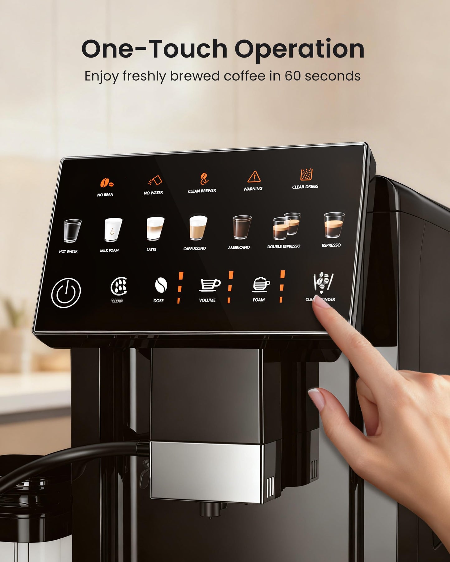 ICEVIVAL Fully Automatic Espresso Machine with Grinder, 20 Bar Coffee Maker with Milk Frother, Touchscreen Espresso Machine for Cappuccino, Latte & Americano, 15 Grind Settings, Self-Cleaning (Black)