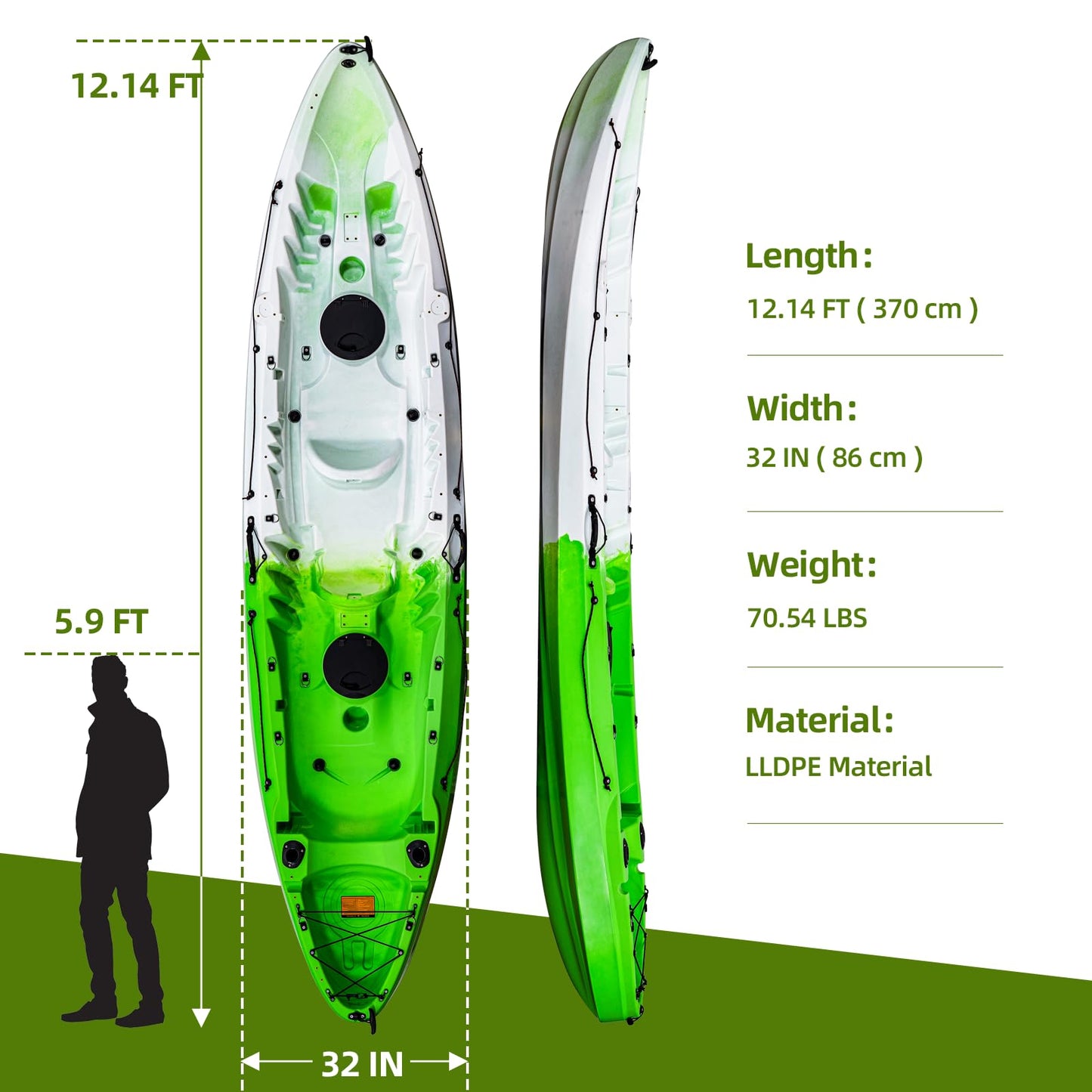Garvee Fishing Kayaks, 12.4 FT, 2-3 Person Sit on Top Kayak for Adults with Paddle & Comfortable Seat, Capacity of 600 LBS, Hard Shell Recreational Ocean Kayak Boat