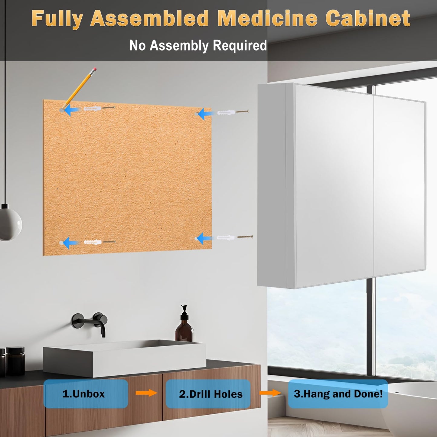 Umeiga 36x24 Medicine Cabinet Mirror with Storage, Pre-Assembled Medicine Cabinets for Bathroom, Recessed or Surface Mount Large Silver Mirrored Medicine Cabinets (Horizontal)