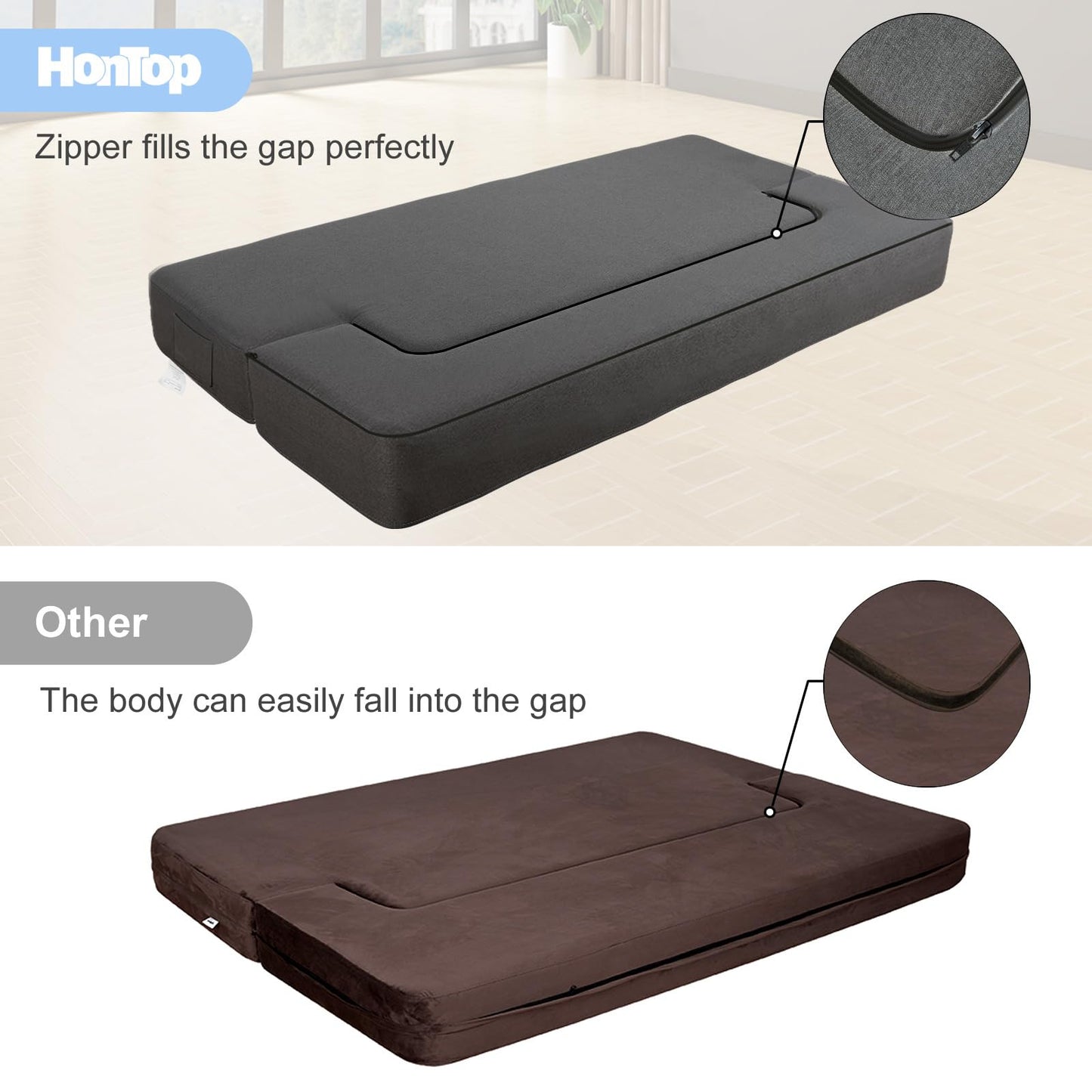 HonTop 8 Inch Folding Sofa Bed Couch, Queen Size Memory Foam Convertible Futon Sleeper Chair for Bedroom Living Room Guest, No Assembly Fold Out Sofa, Dark Grey