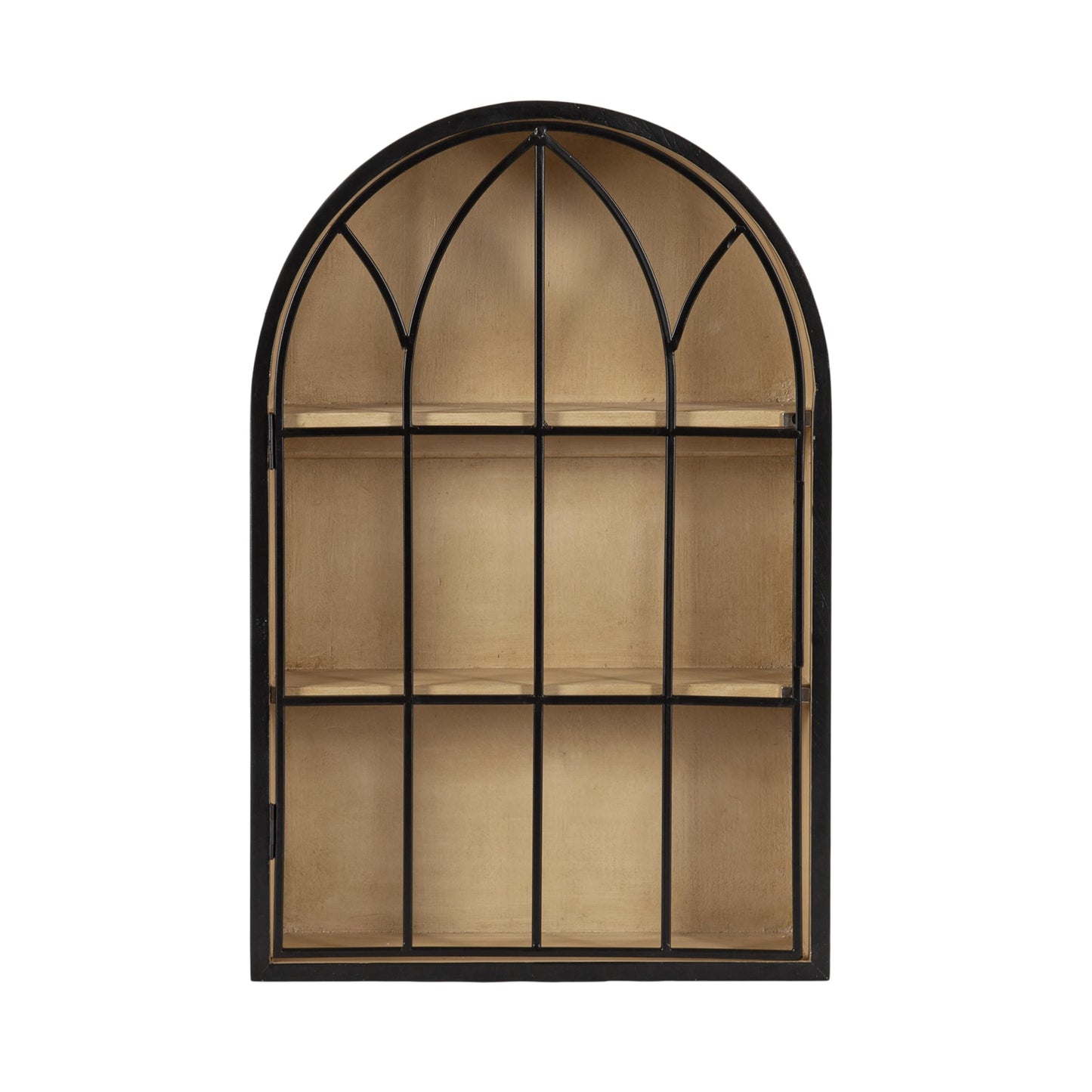 Kate and Laurel Megara Decorative Wooden Hanging Arched Wall Cabinet with Door for Open Storage; 16 x 6 x 24; Black and Natural Wood; Wooden Floating Wall Bathroom Cabinet for Above Toilet Storage