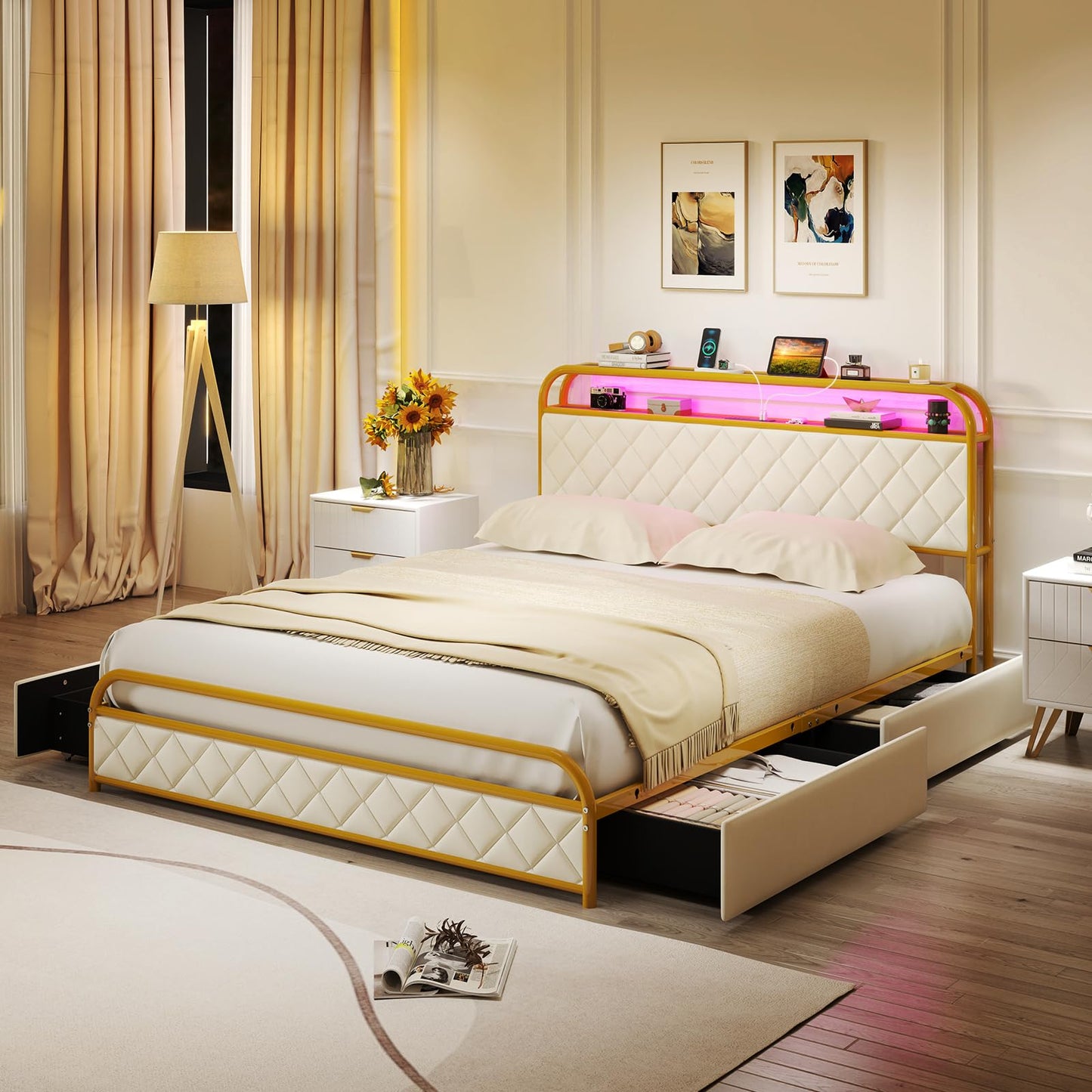 Giantex Queen Bed Frame with 4 Storage Drawers and Charging Station, Queen Size Platform Bed w/LED Lights & Linen Upholstered Headboard, No Box Spring Needed, Metal Queen Storage Bed, Gold & Beige