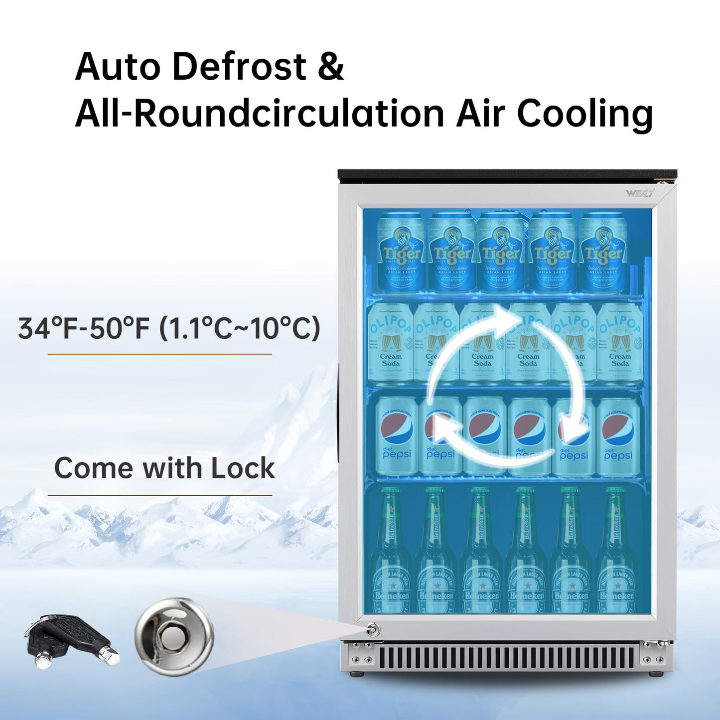 Weili 20 Inch Built in Beverage Refrigerator with Lock, Under Counter or Freestanding 120 Can Soda Beer Drink Cooler Fridge with Stainless Steel and Glass Door