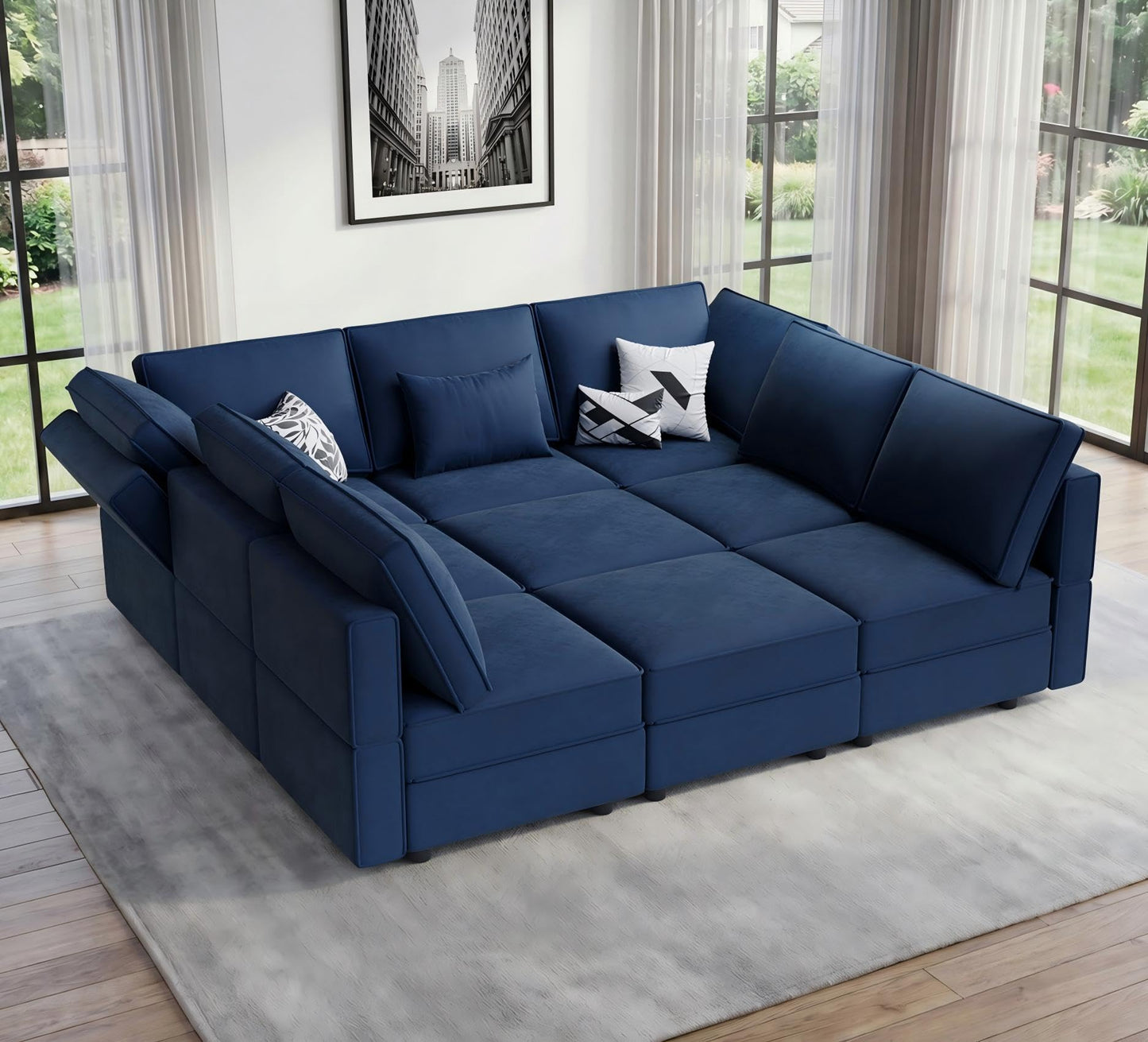 Vesgantti Modular Sofa Bed with Storage, 92" Sleeper Sofas with 9 Seats Storage Chaises Removable Cover, Luxury Large Velvet Sectional Couch Set for Living Room, Apartment, Home Theater, Blue