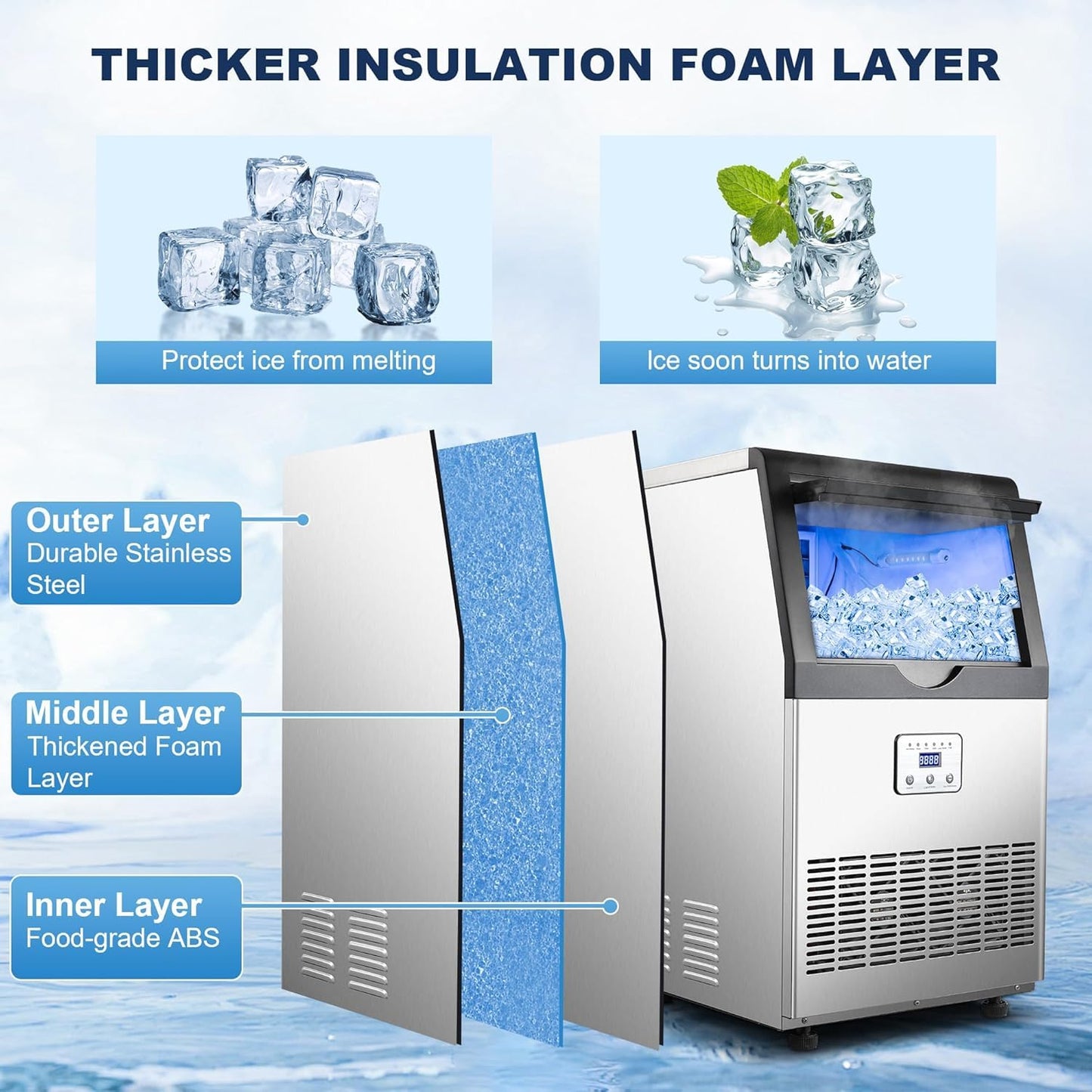 Zomagas Ice Maker,110LBS/24H Commercial Ice Machine Stainless Steel Ice Maker Machine with 25LBS Capacity,45 Ice Cubes in 12-15 Minutes,Self-Cleaning,Ideal for Restaurant,Bars,Home,Includes Scoop
