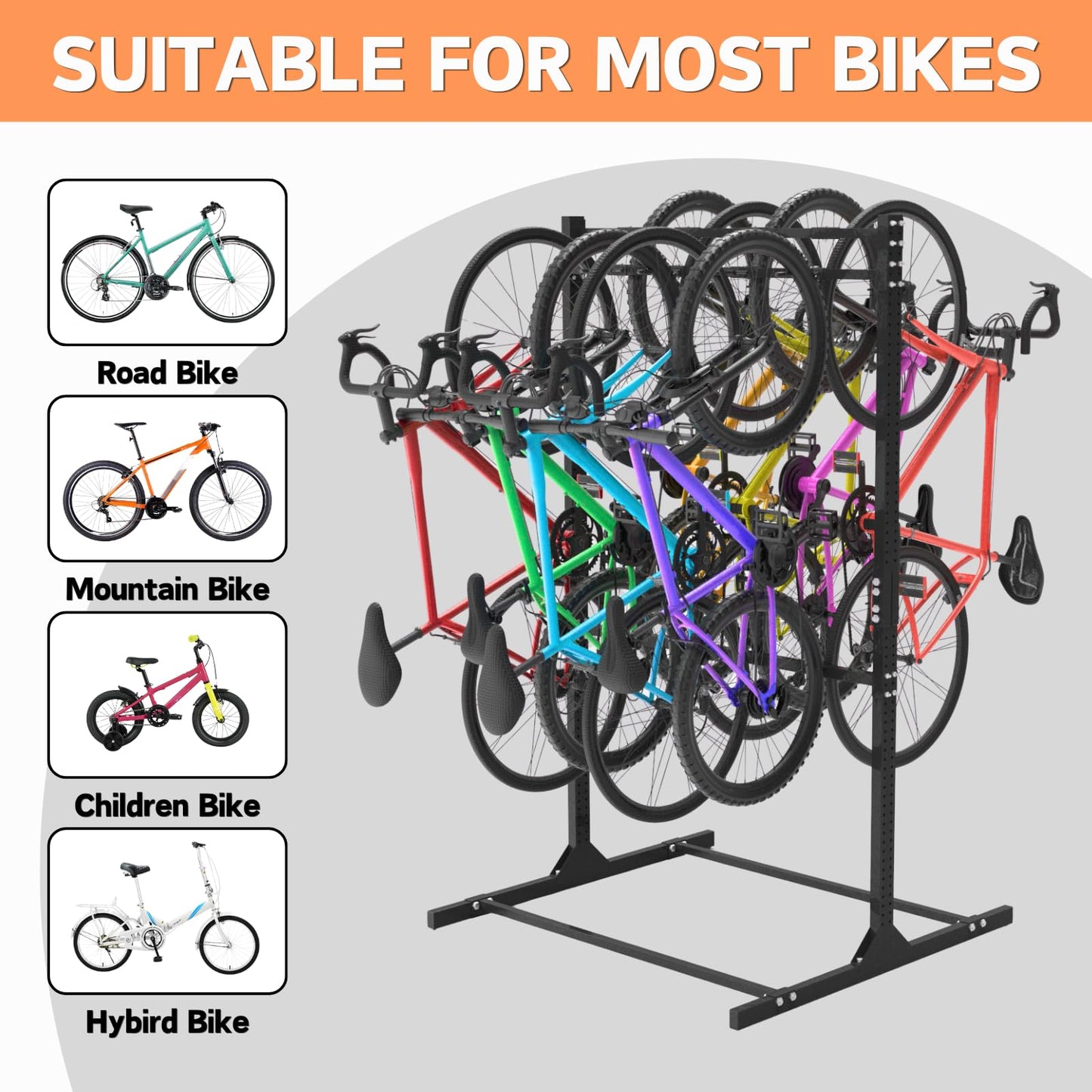 KAXIWEI Vertical Bike Rack for Garage | Heavy-Duty Freestanding Storage System Holds 8 Bikes - Ideal for Road, Mountain, Hybrid, and Kids Bikes | Supports Up to 300 lbs
