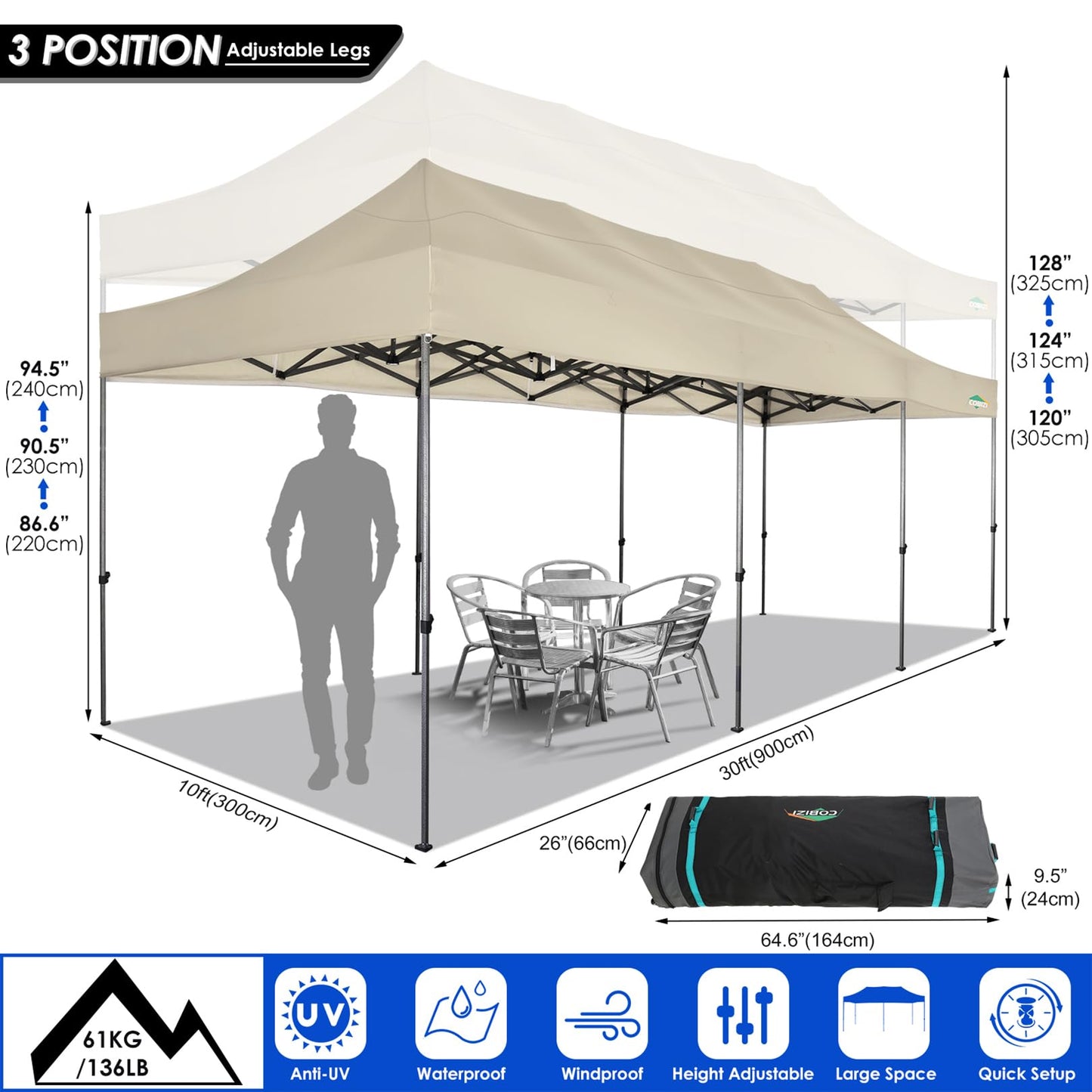 COBIZI 10x30 Pop up Canopy with 8 Removeable Sidewalls, Heavy Duty Party Tents for Parties, Events and Weddings, UPF 50+ Waterproof Commercial Tent with Roller Bag, Khaki (Windproof Upgraded)