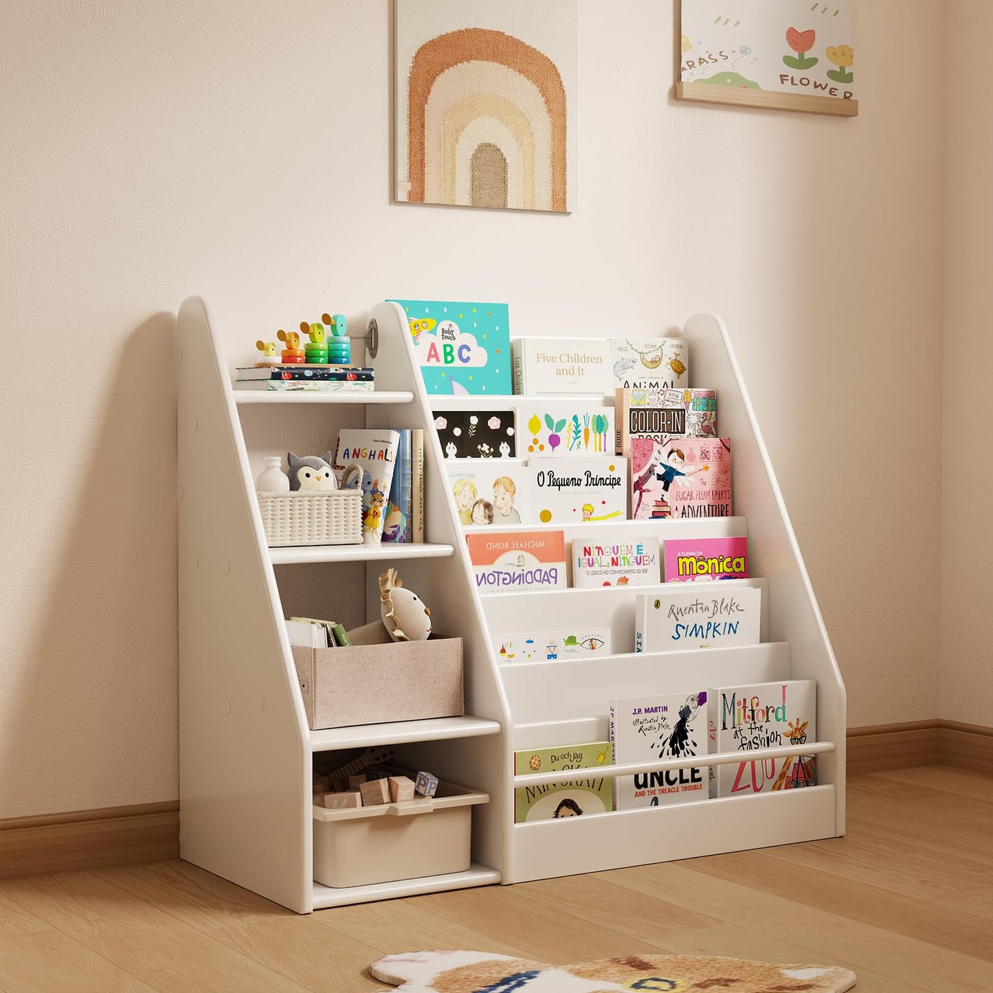 DONGMUWUJEE Solid Wood Kids Bookshelf and Storage Organizer, 7 Layer Children Bookcase, Baby Toddler Wooden Book Shelf, Display Cabinet for Playroom, Bedroom, Classroom, Nursery, School, White