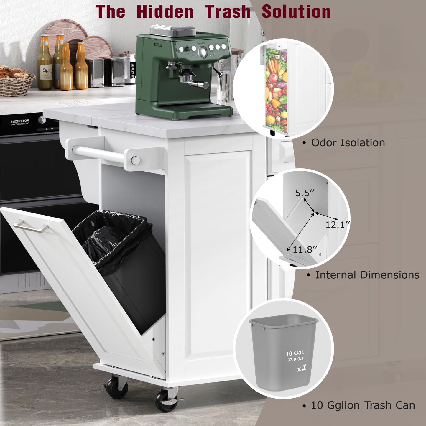 Merax 50.7" Kitchen Island with Storage Tilt Trash Can Cabinet and Pull Out Cabinet Organizer, Rolling Kitchen Island on 5 Wheels with Drop Leaf, 2 Drawers, 1Door for Dining Room, White