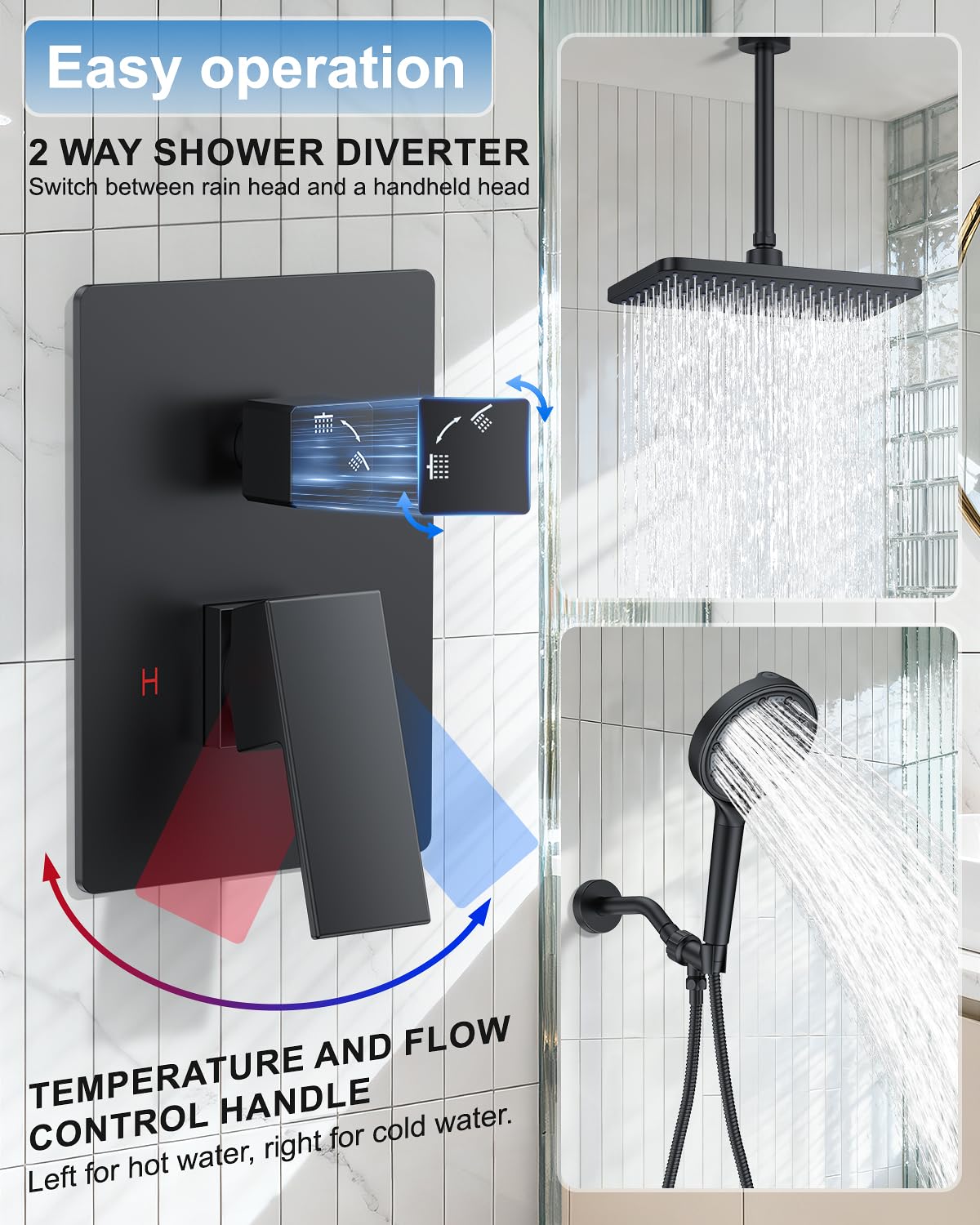 11" Matte Black Rainfall Shower System – Complete Spa Faucet Set with Filtered Handheld Sprayer & Mixer Valve – Modern High Pressure Bathroom Fixture Trim Kit
