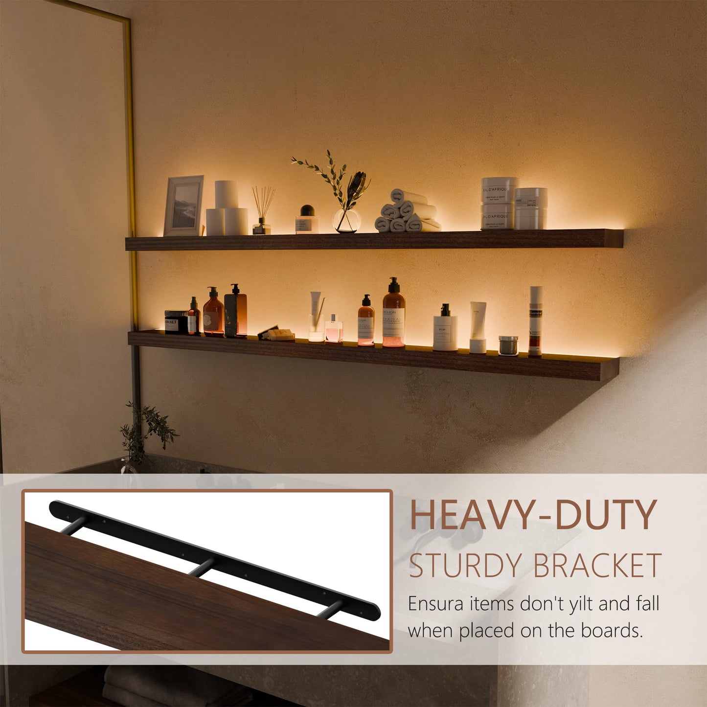 ONOTETUT 60 inch LED Gaming Floating Shelves for Wall,Solid Wood Long Wall Shelves Set of 2 with Light for Gaming Room,Walnut Rustic Wall Mounted Shelves for Living Room Bedroom Kitchen Garage