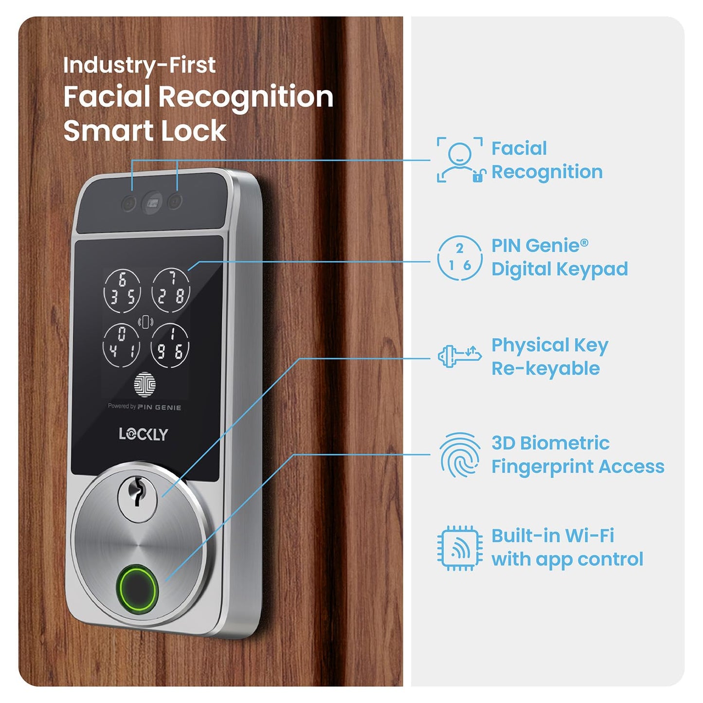 Lockly Visage Zeno Series Smart Lock, Facial Recognition & Fingerprint Keyless Entry Door Lock, Built-in Wi-Fi Deadbolt with Apple Home Key, PIN Genie Keypad, App Remote Control, Easy Installation